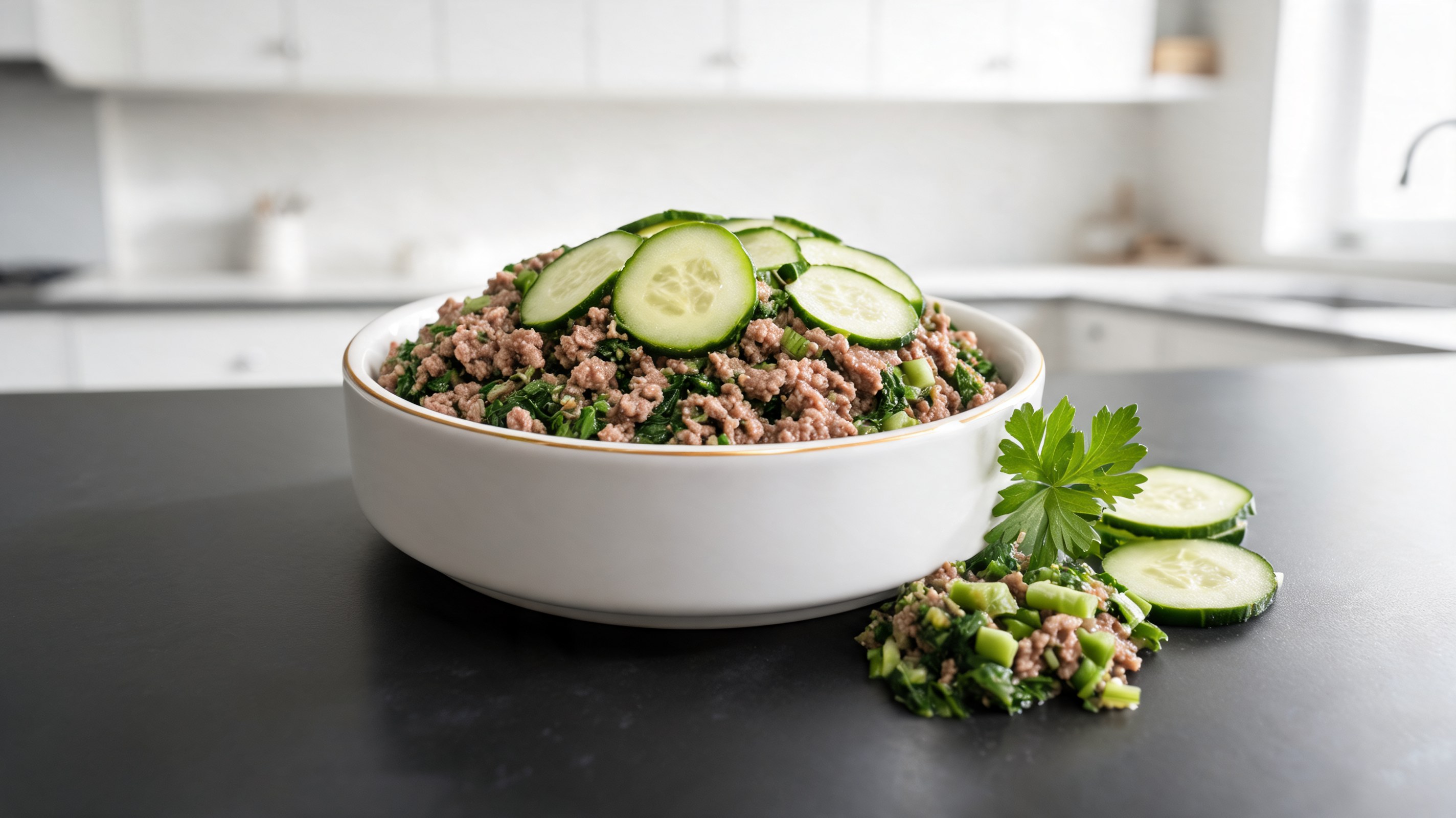 Cuenco de cordero picado con mezcla de verduras y pepino para perros vista desde arriba
