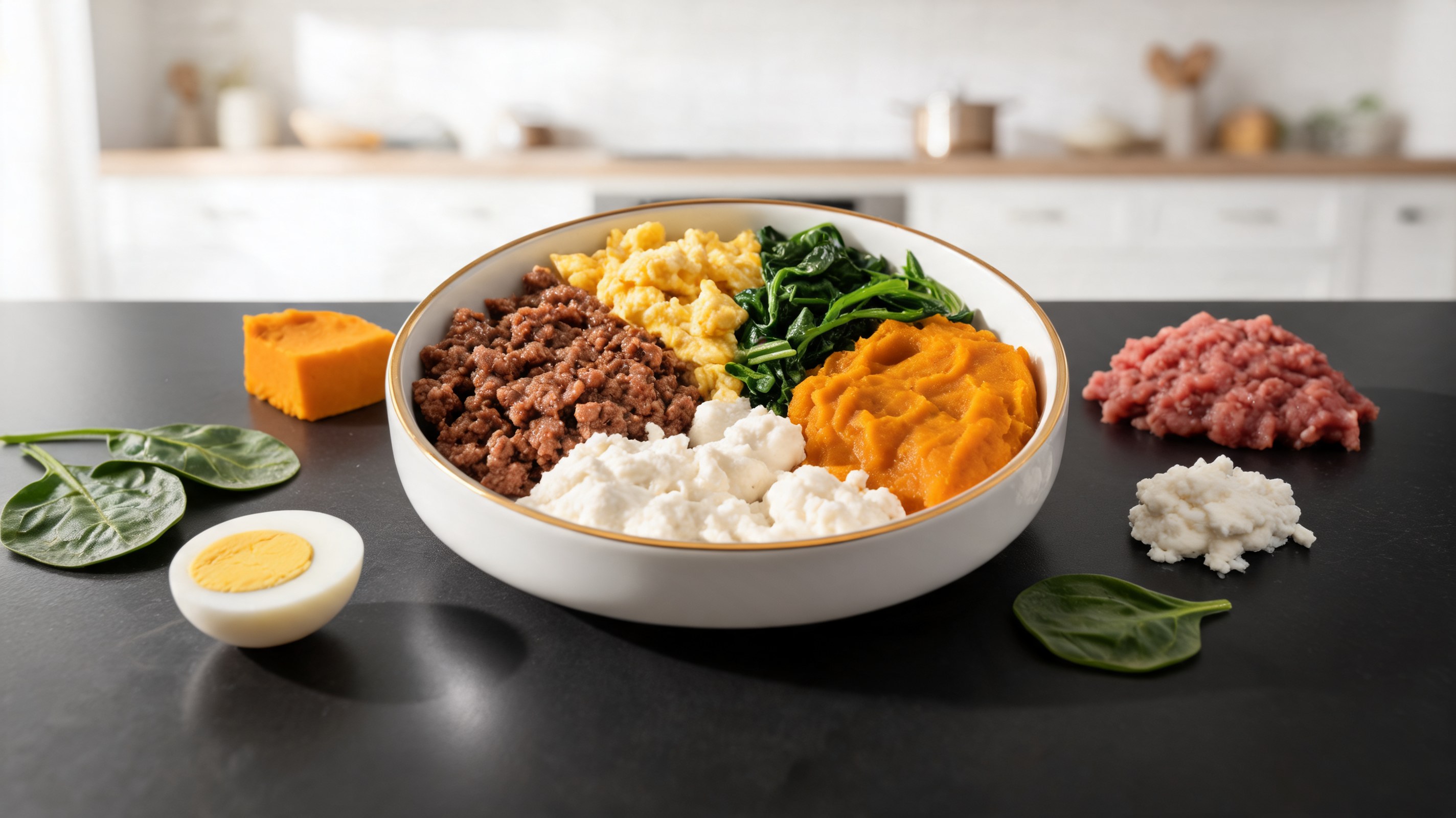 Bol de bœuf haché avec œufs, épinards et courge pour chiens vue de dessus