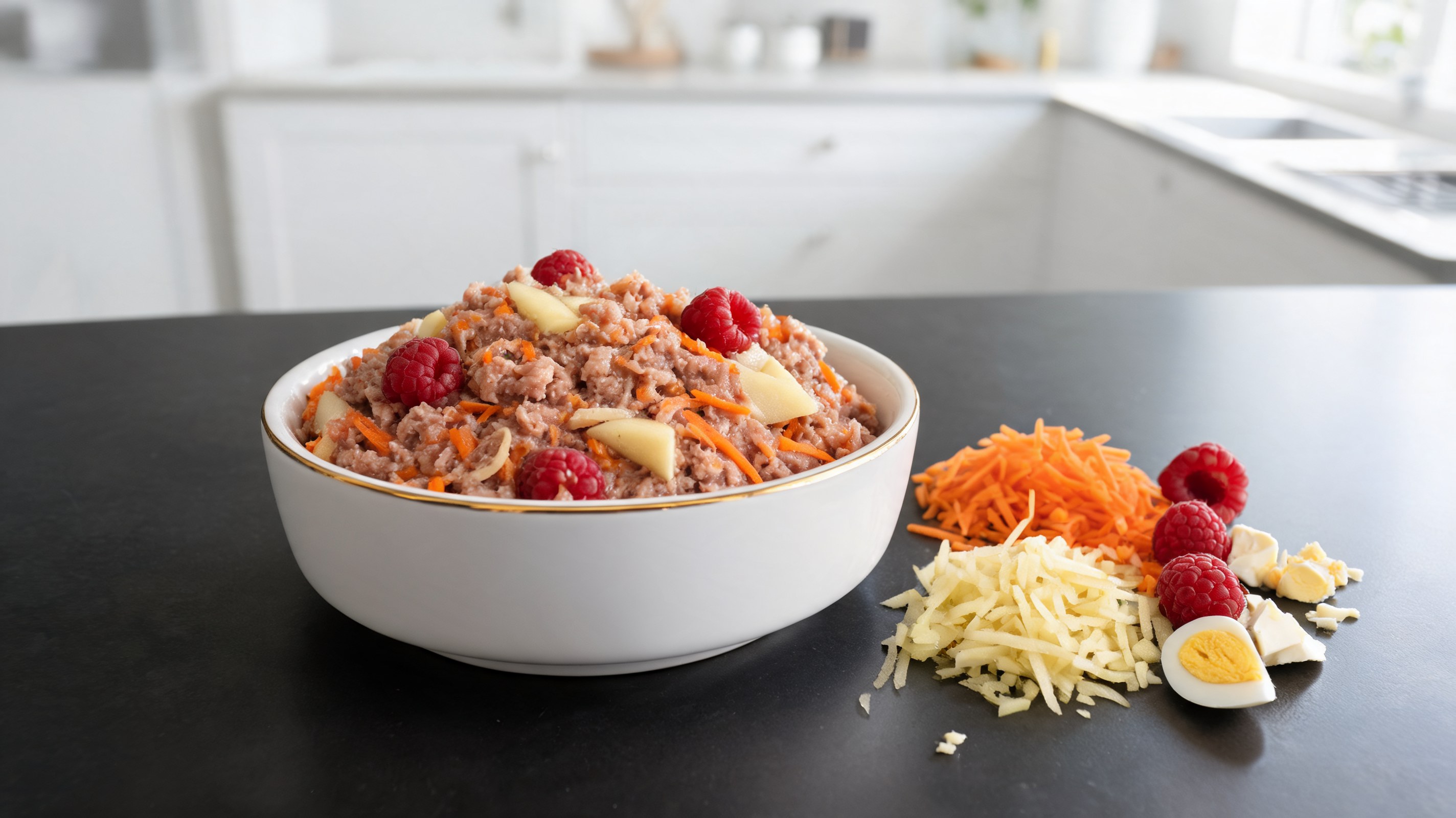 Plat avec porc haché, pomme râpée, framboises rouges et carottes pour chiens frais du four