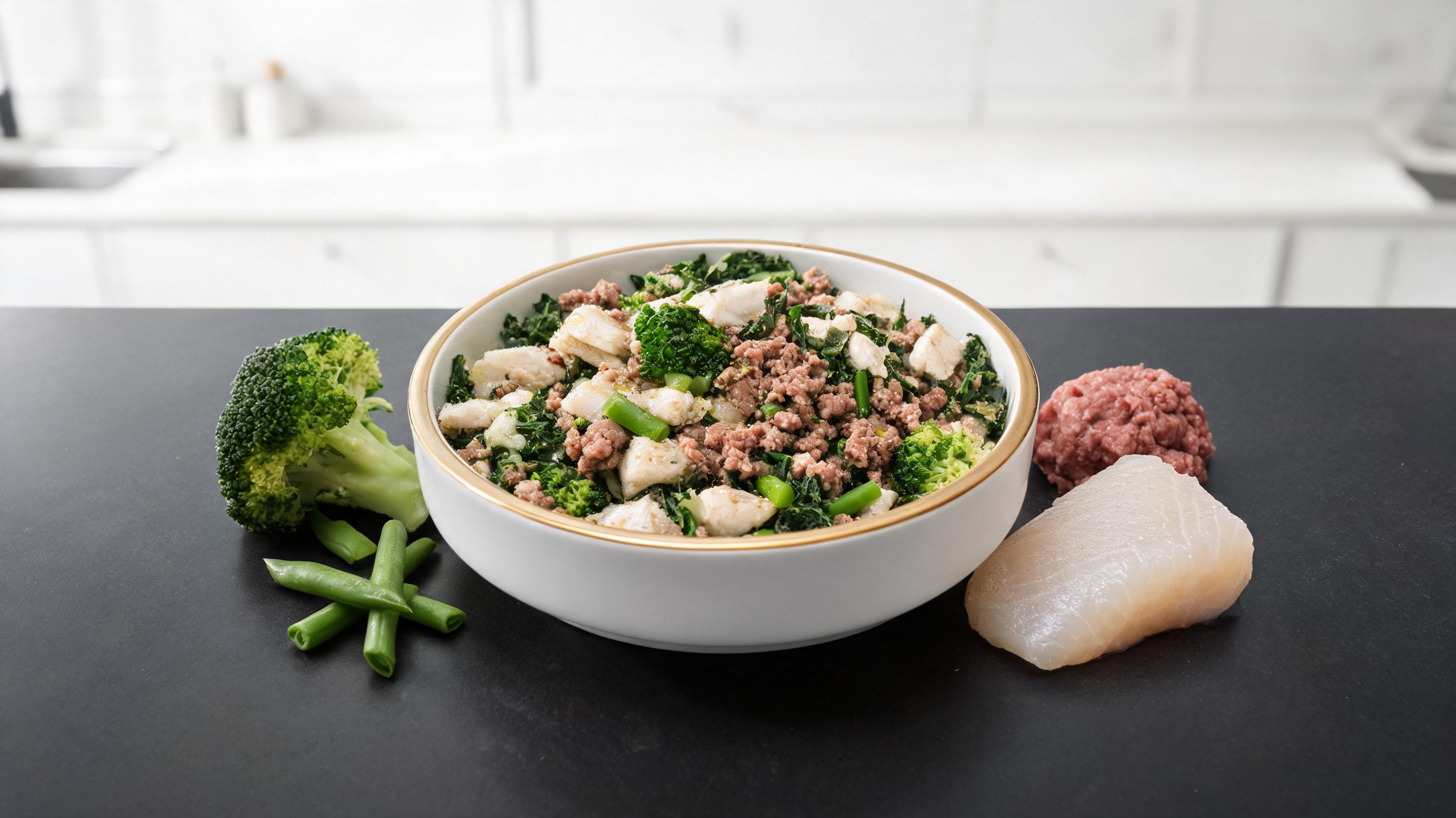 Comida casera para perros con bacalao, carne, brócoli, col rizada y ejotes en un tazón