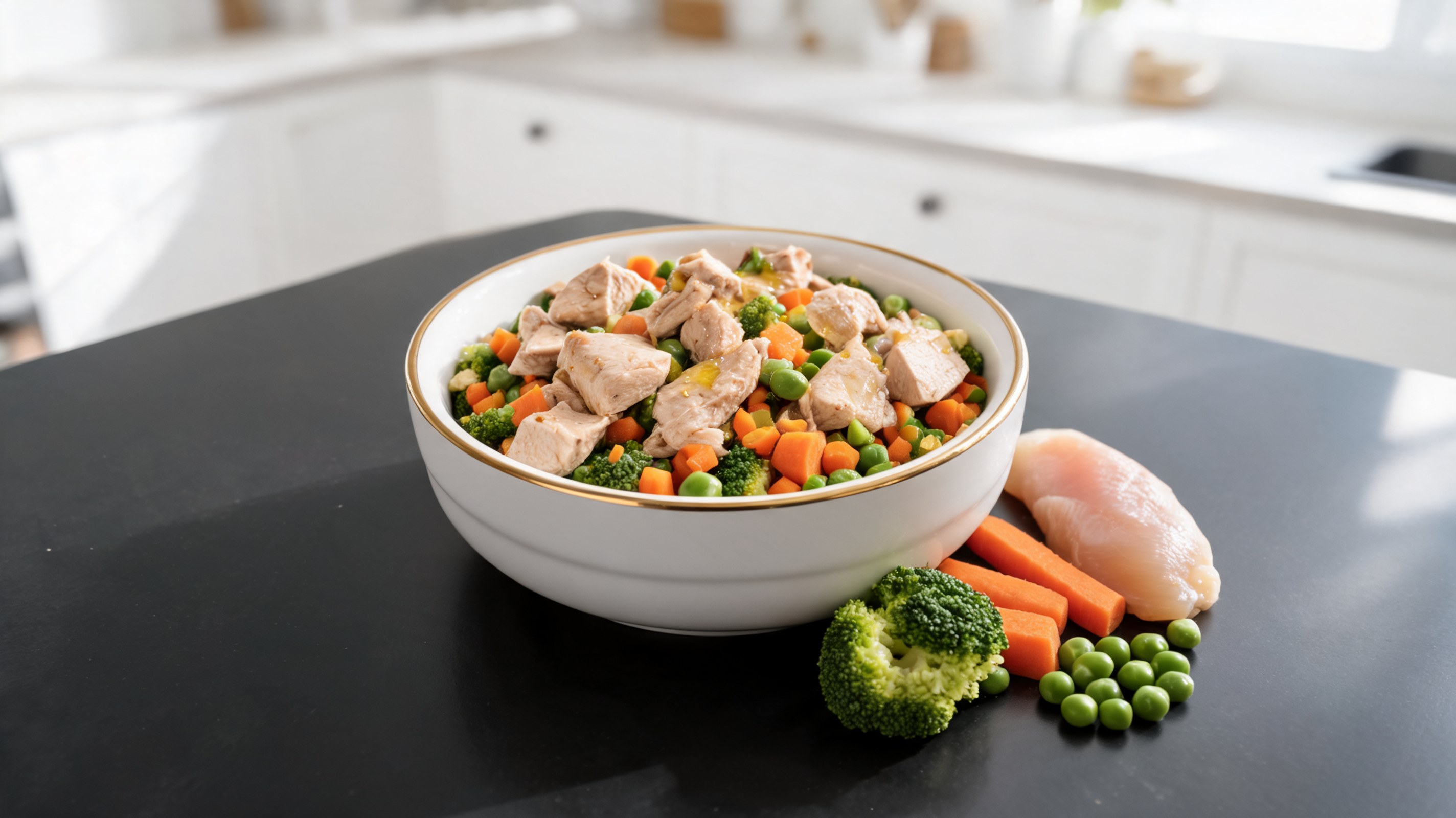 Tigela com refeição dietética de frango, verduras mistas e azeite de oliva preparada em casa para cães