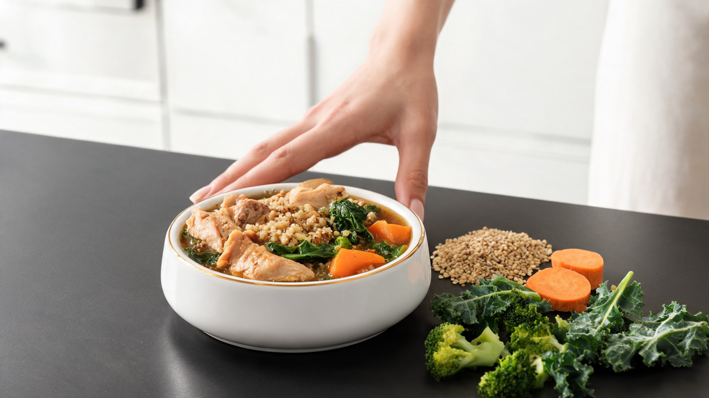 Offener Slow Cooker mit Hühner-Quinoa-Eintopf, Süßkartoffel und grünen Gemüse für Hunde