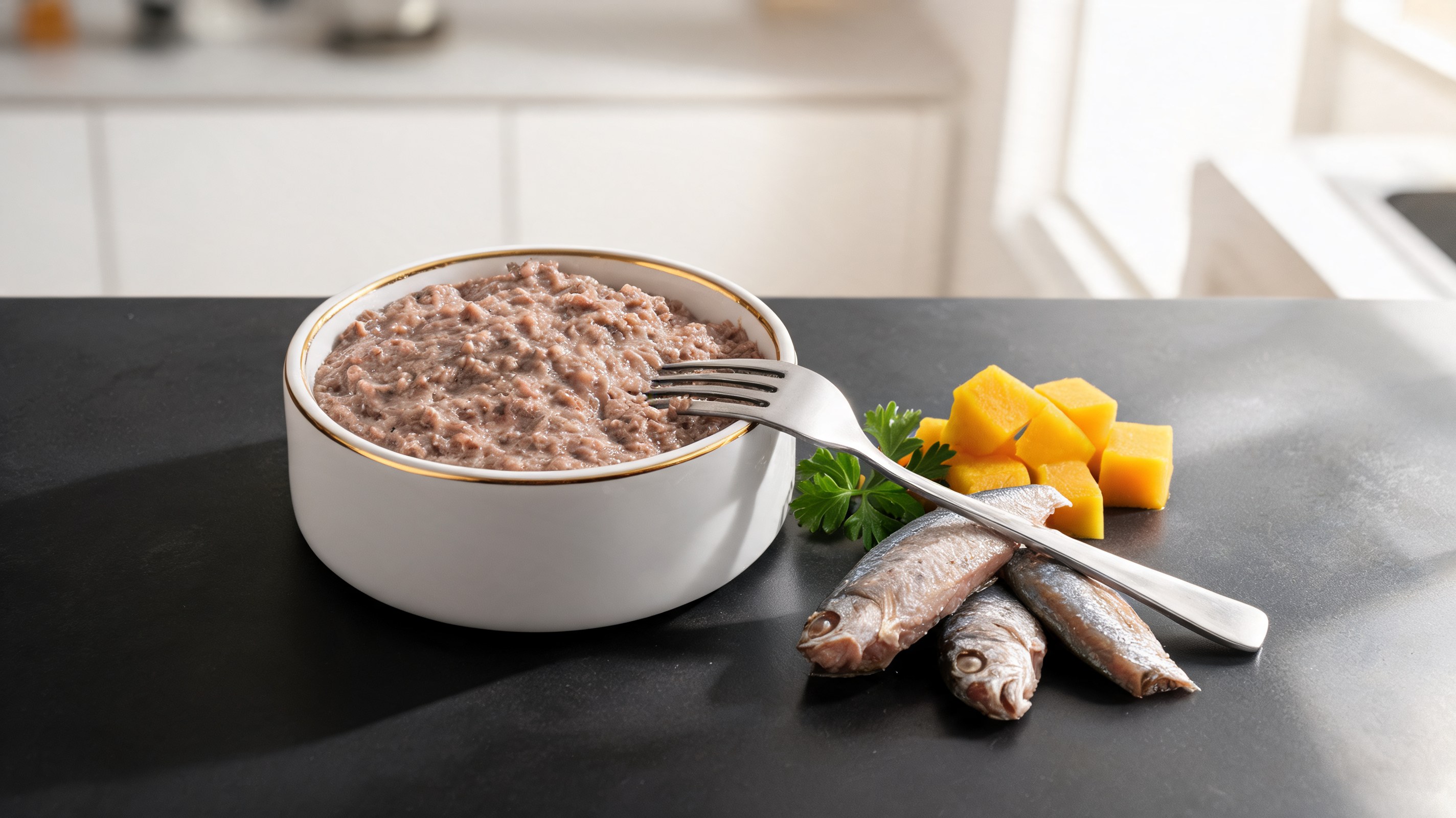 Paté cremoso di sardine schiacciate in una ciotolina, topper per gatti