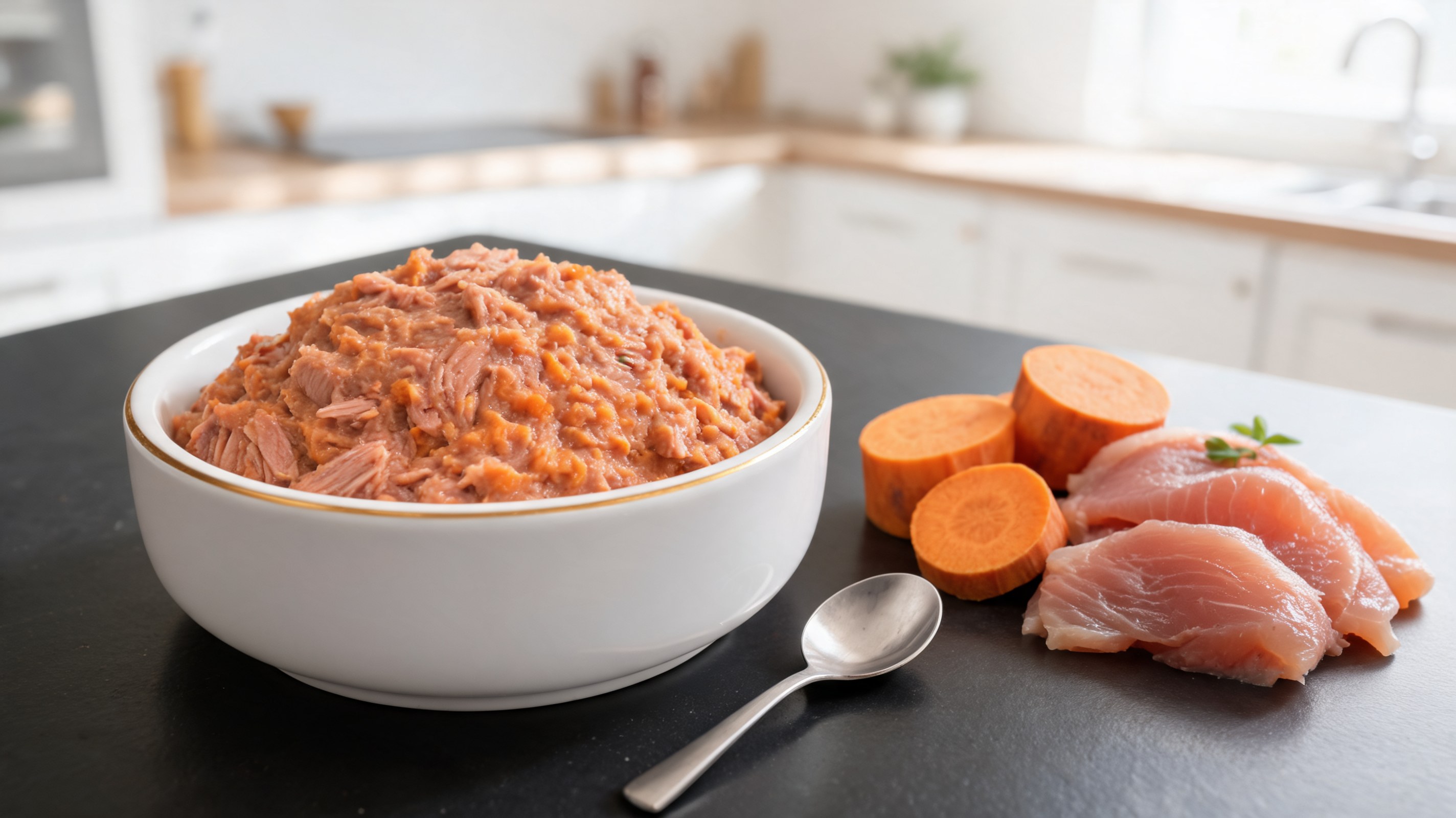 Paté cremoso chiaro di tonno e patata dolce in una ciotolina, topper per gatti