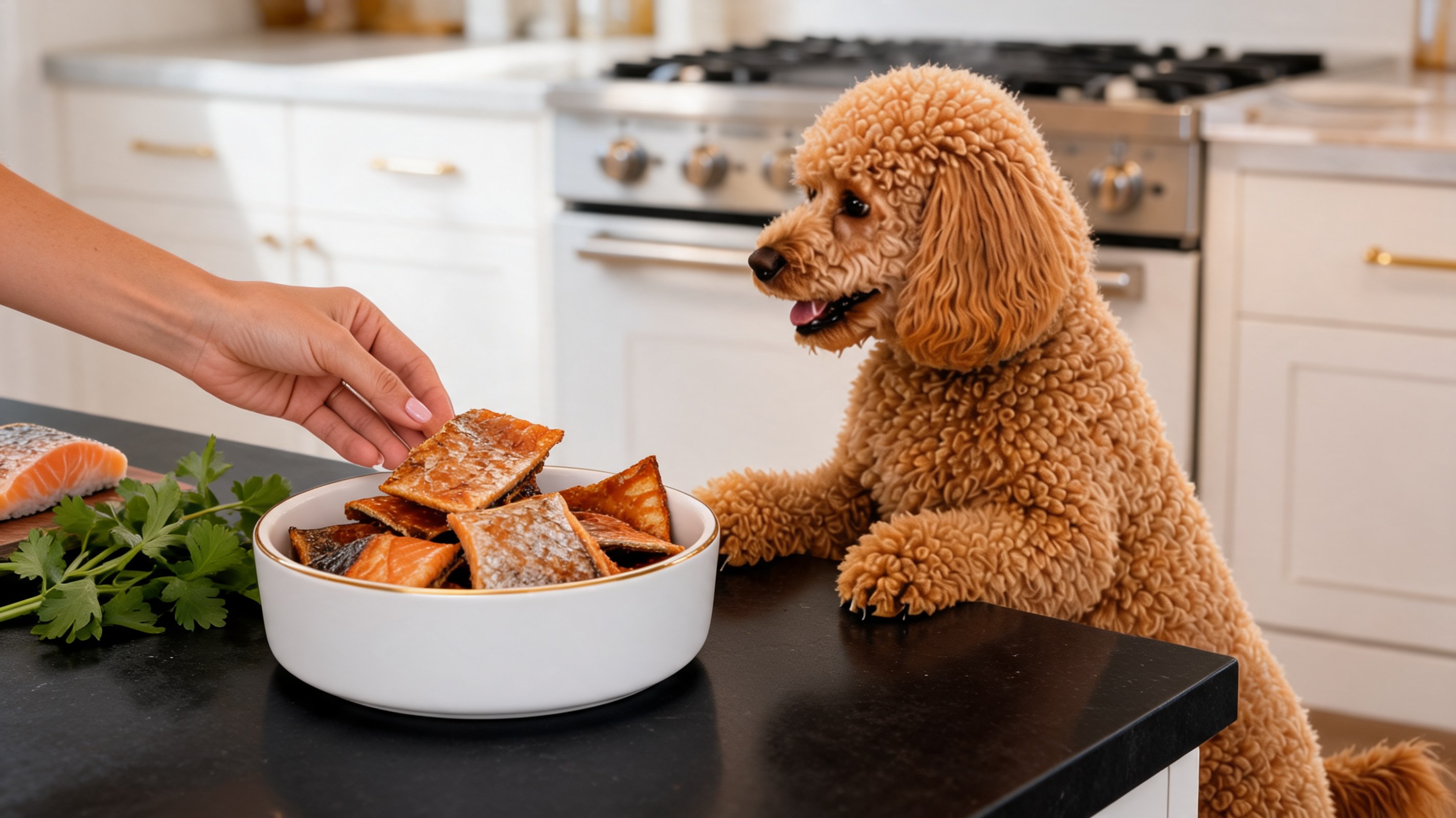 Pezzetti croccanti di pelle di salmone tostata in ciotola scura come snack per cani