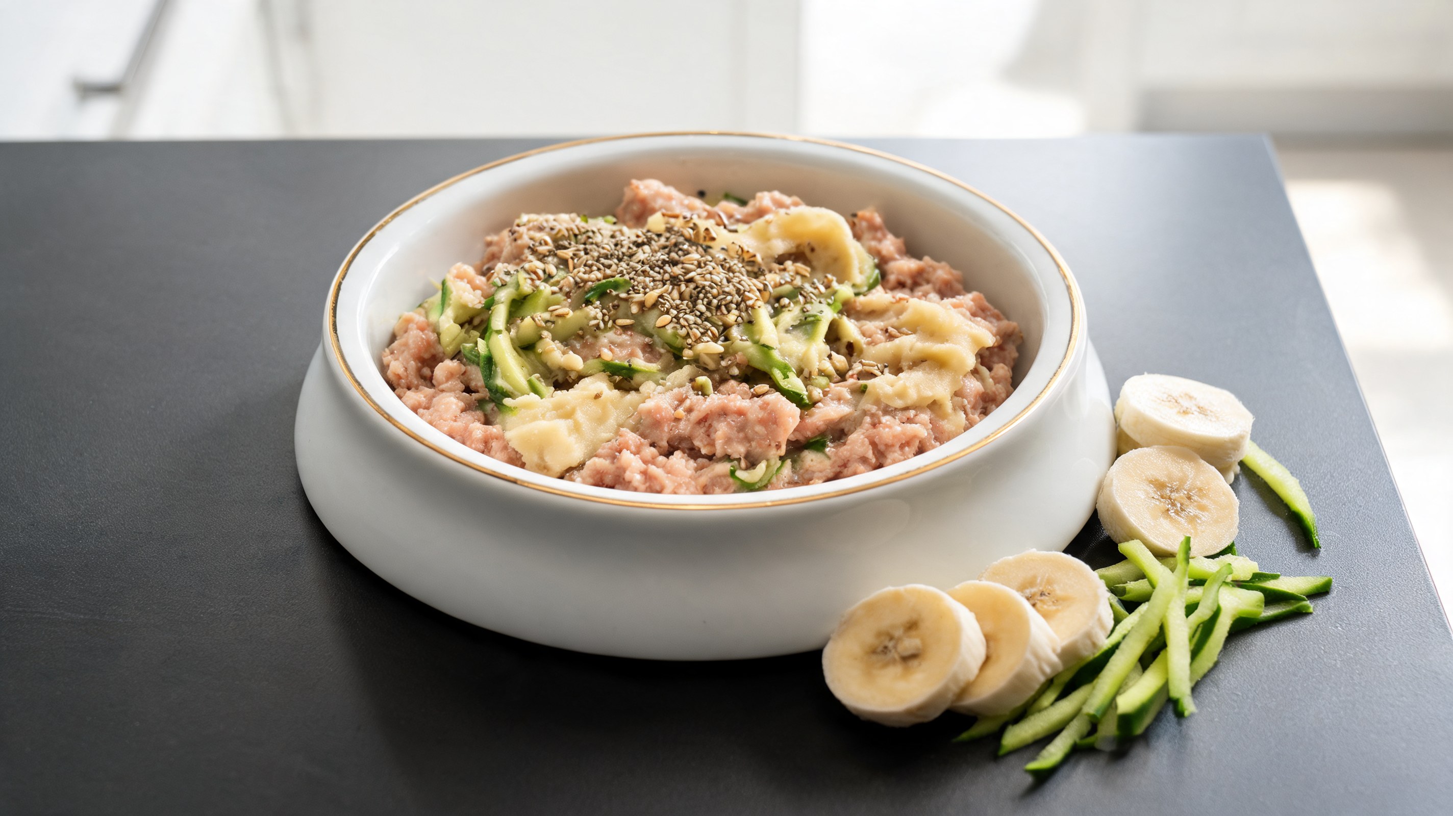 Bol de poulet haché avec banane, courgettes et graines pour chiens vu du dessus