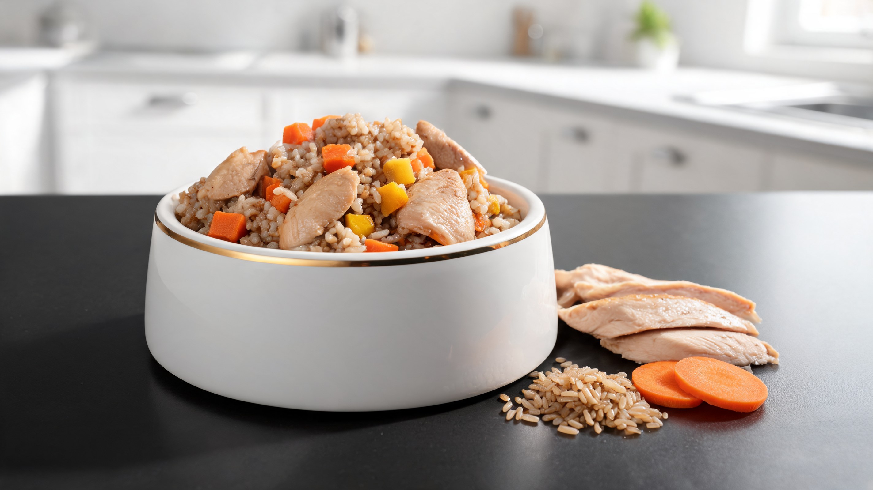 Bowl with cooked chicken, brown rice, and zucchini for adult dog