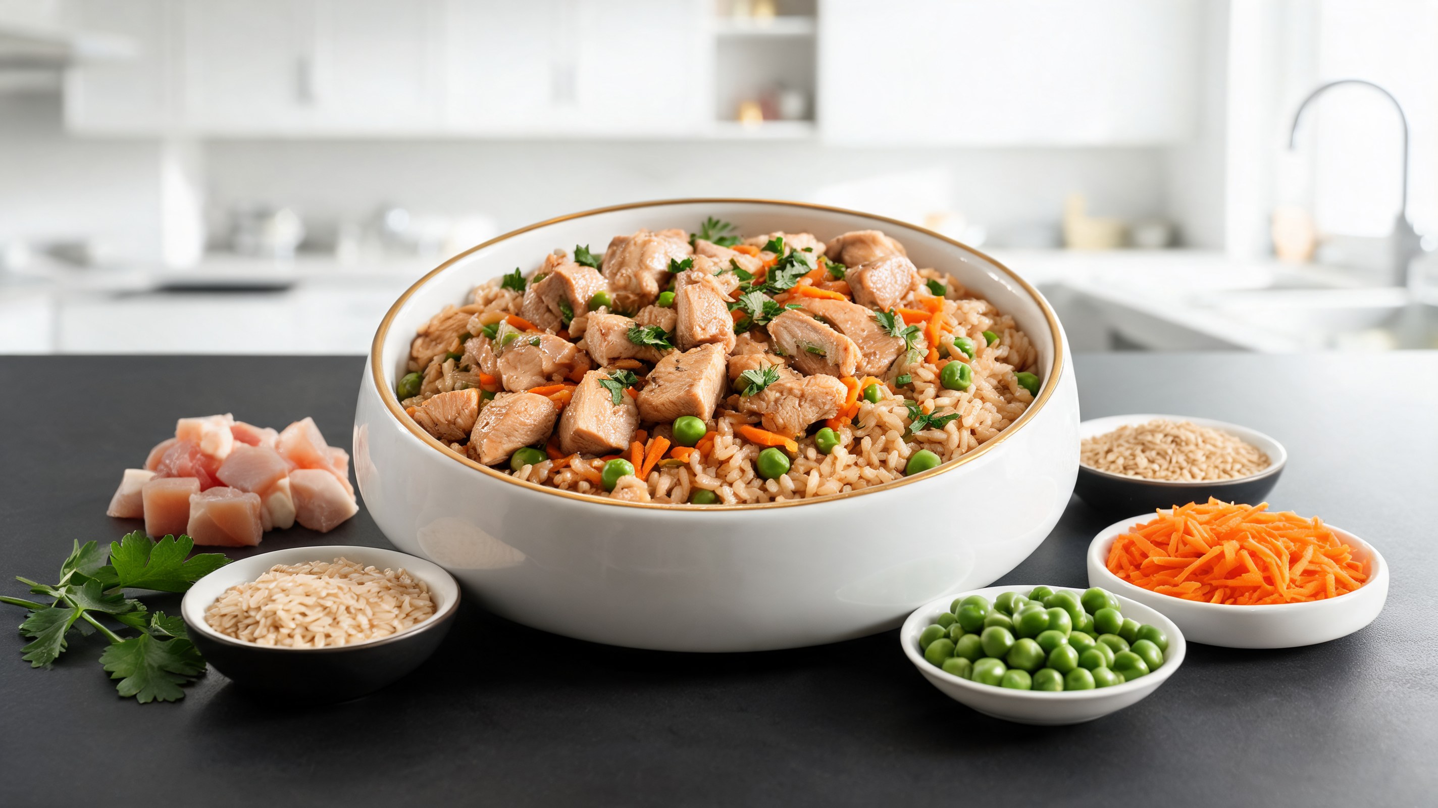 Tazón de pollo en cubos con arroz integral, zanahorias ralladas, guisantes y perejil para la comida del perro