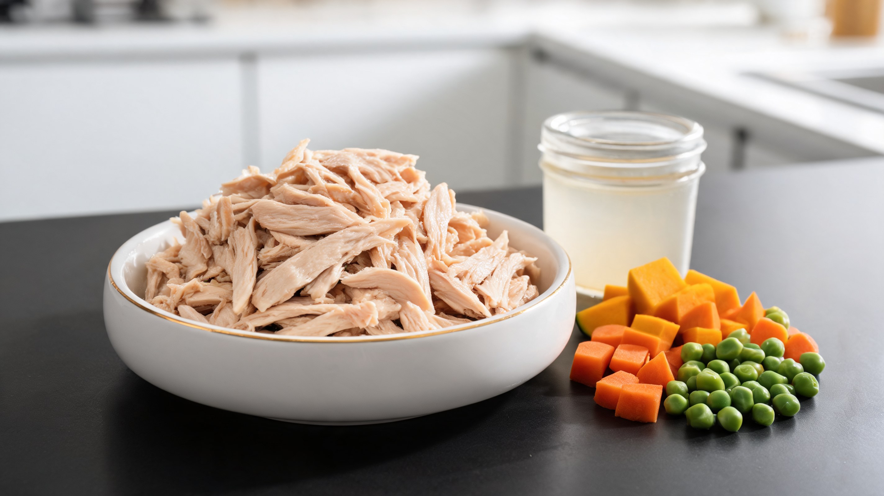 Pollo entero hervido desmenuzado en recipientes de vidrio, con caldo de cocción al lado