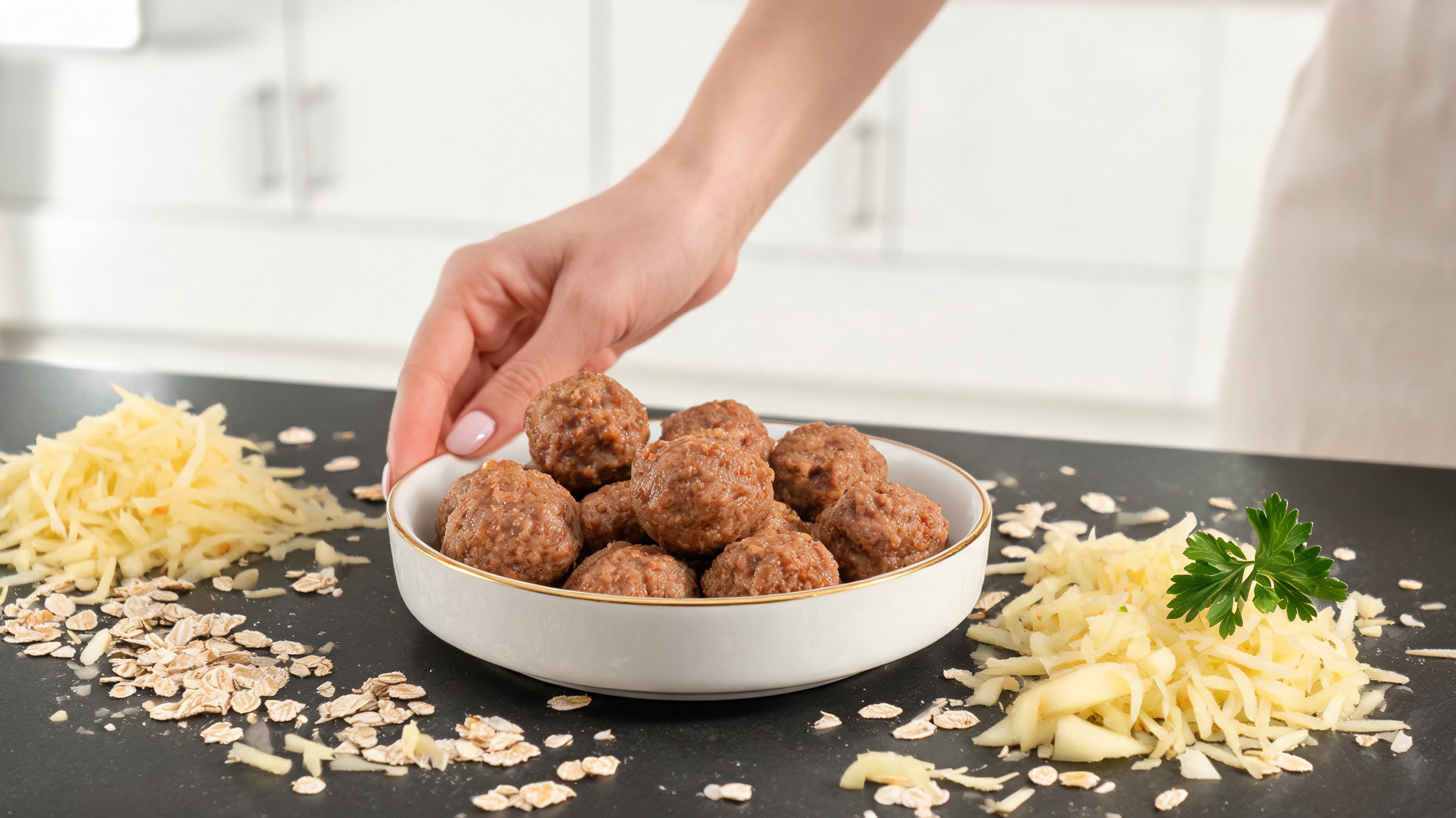 Polpette dorate di agnello e mela disposte su tagliere di legno con fiocchi d'avena sparsi accanto