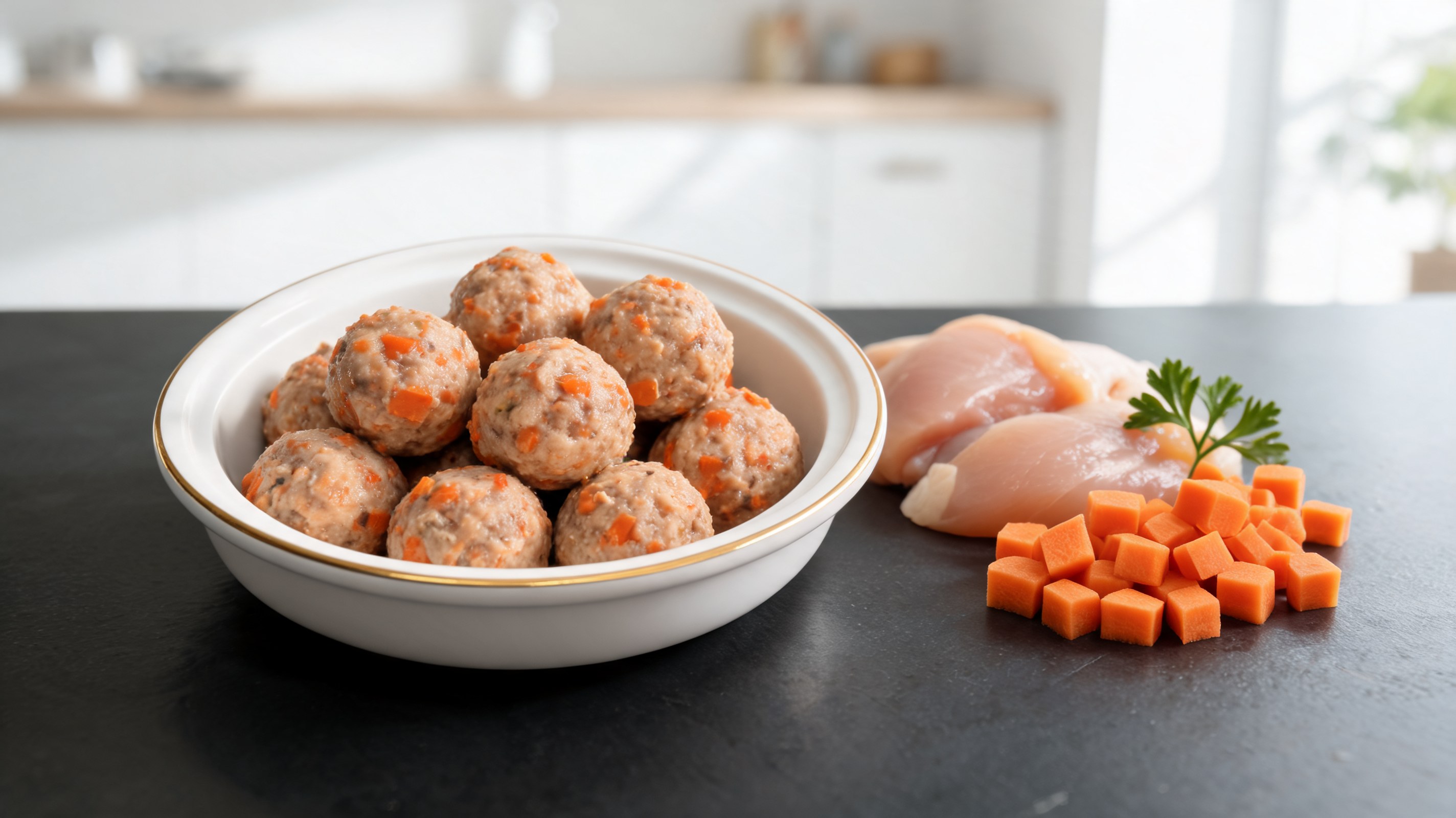 Piccole polpettine di pollo e carota cotte al vapore in una ciotola per gatti