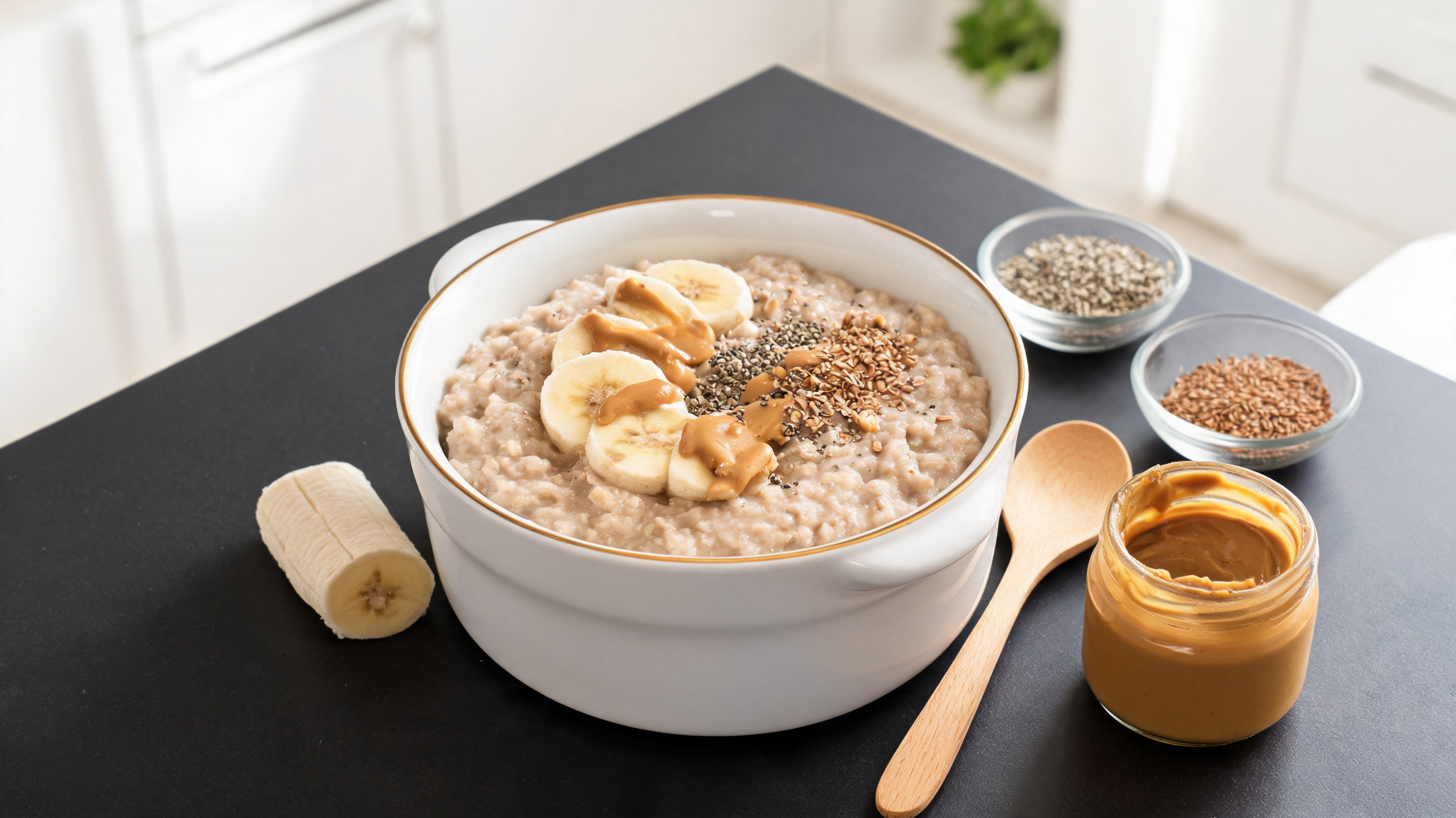 Ciotola di porridge cremoso di avena, banana e burro di arachidi per cani vista dall'alto