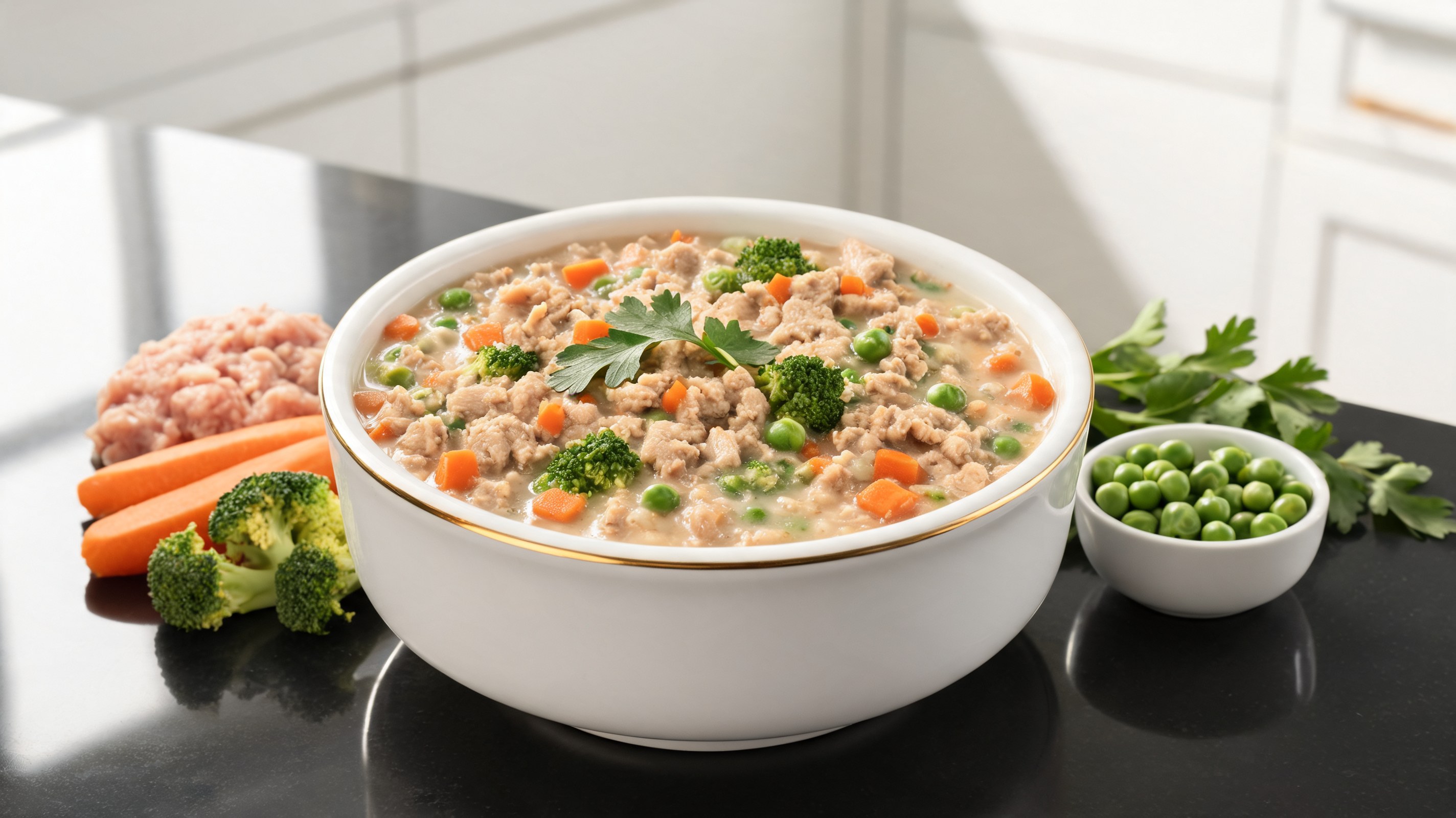 Pot pie cremoso per cani con pollo macinato, carote, broccoli e piselli in pentola