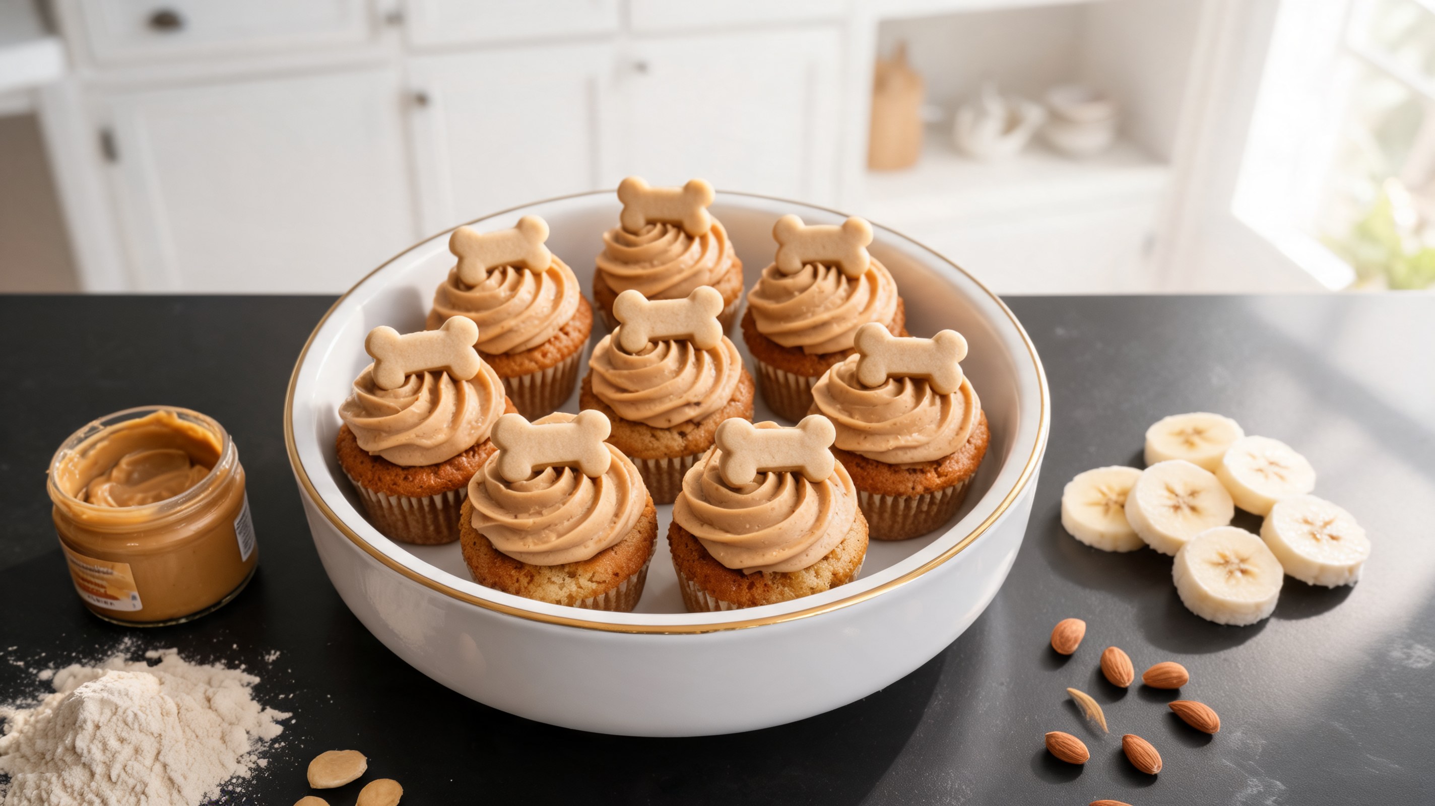 Mini cupcake pour chiens avec base sombre, glaçage beige au beurre de cacahuète et au fromage et petit biscuit en forme d'os