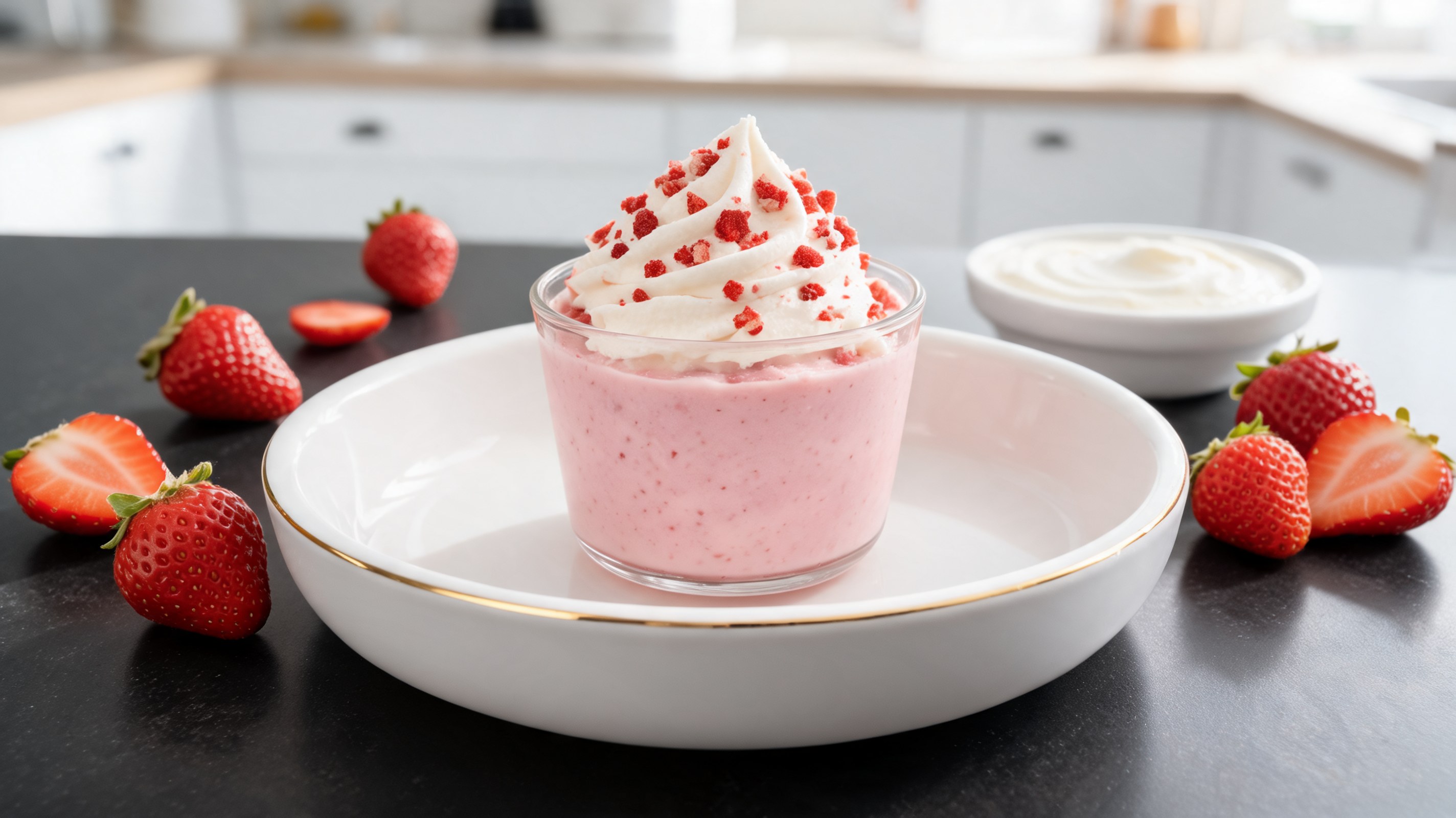 Bicchiere con frullato rosa di fragola e una nuvola di panna montata decorata con fragole liofilizzate