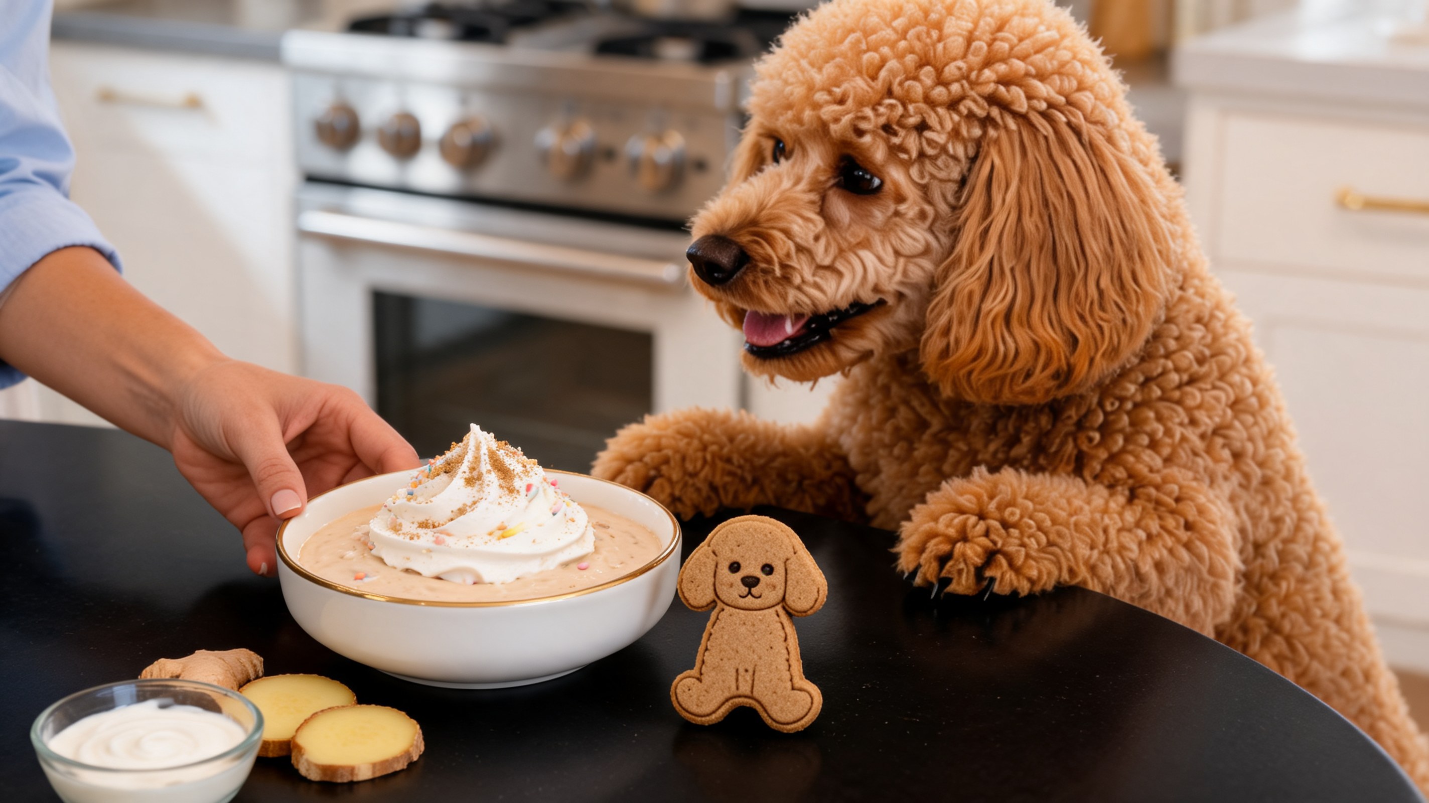 Bicchierino con bevanda cremosa color avorio, panna montata, codette naturali e biscottino allo zenzero a forma di cane