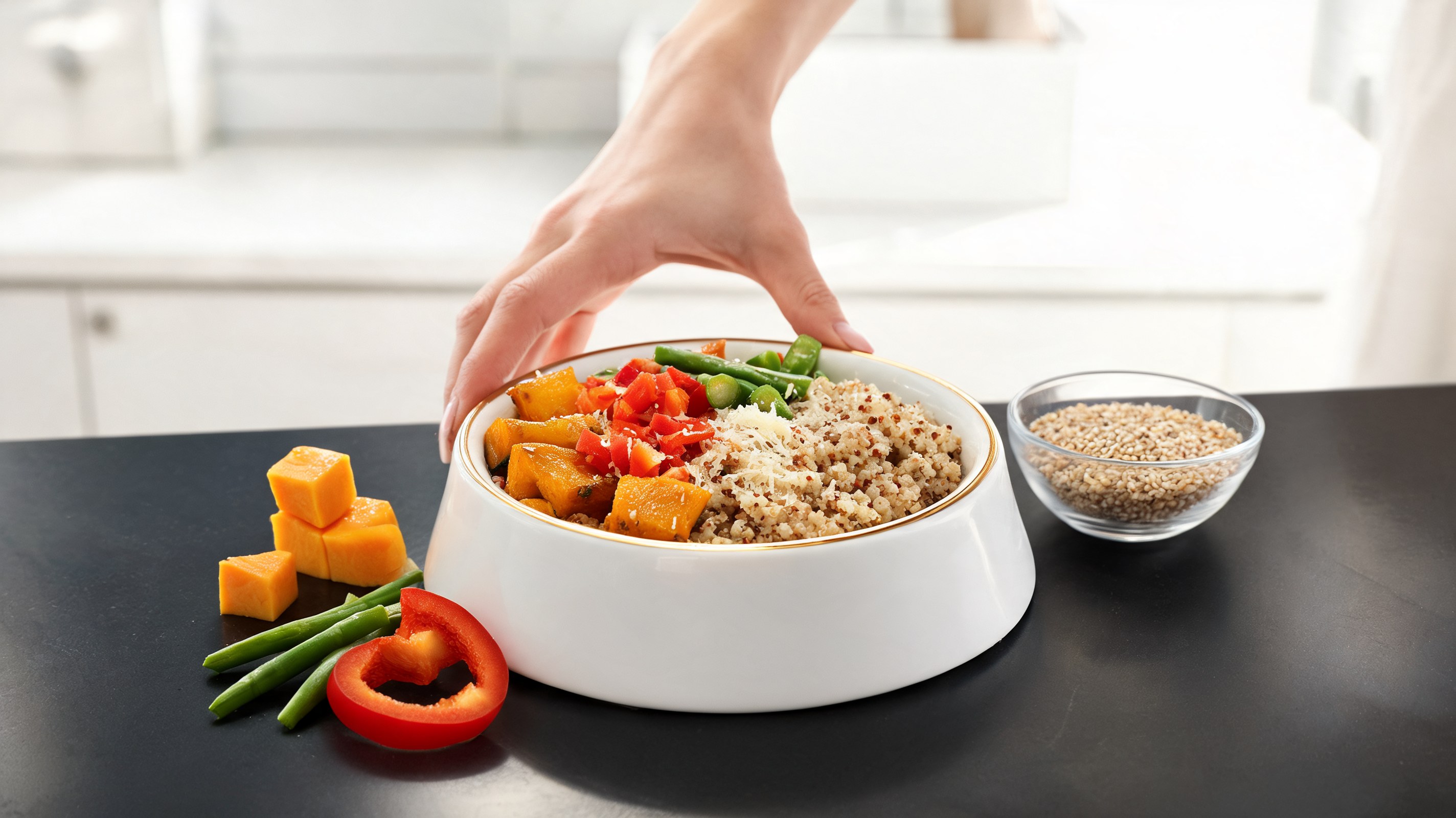 Ciotola di quinoa con zucca arancione, peperone rosso e fagiolini verdi servita per il pasto del cane