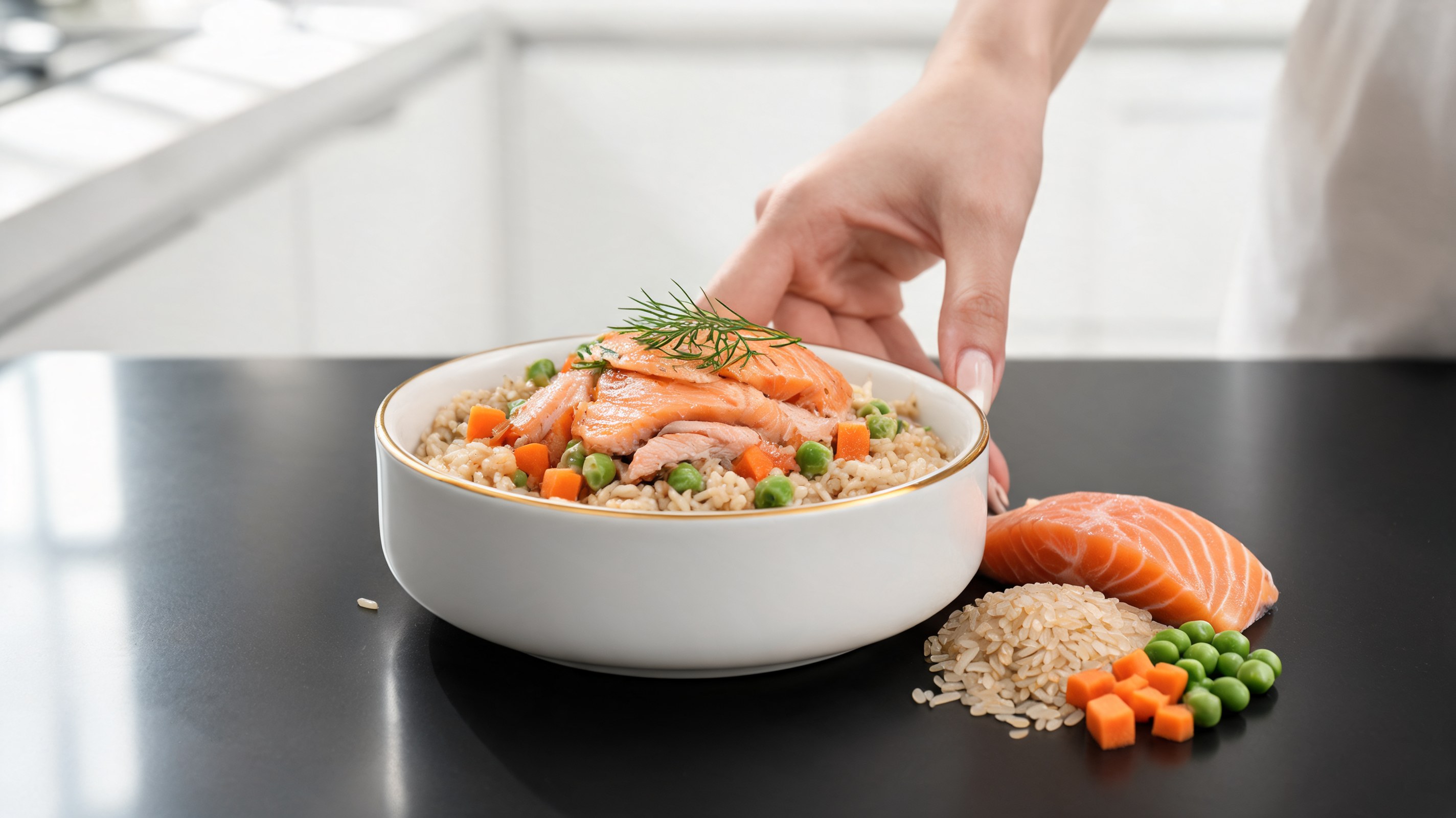 Bowl with brown rice, pink salmon, orange carrots, and green peas for dogs