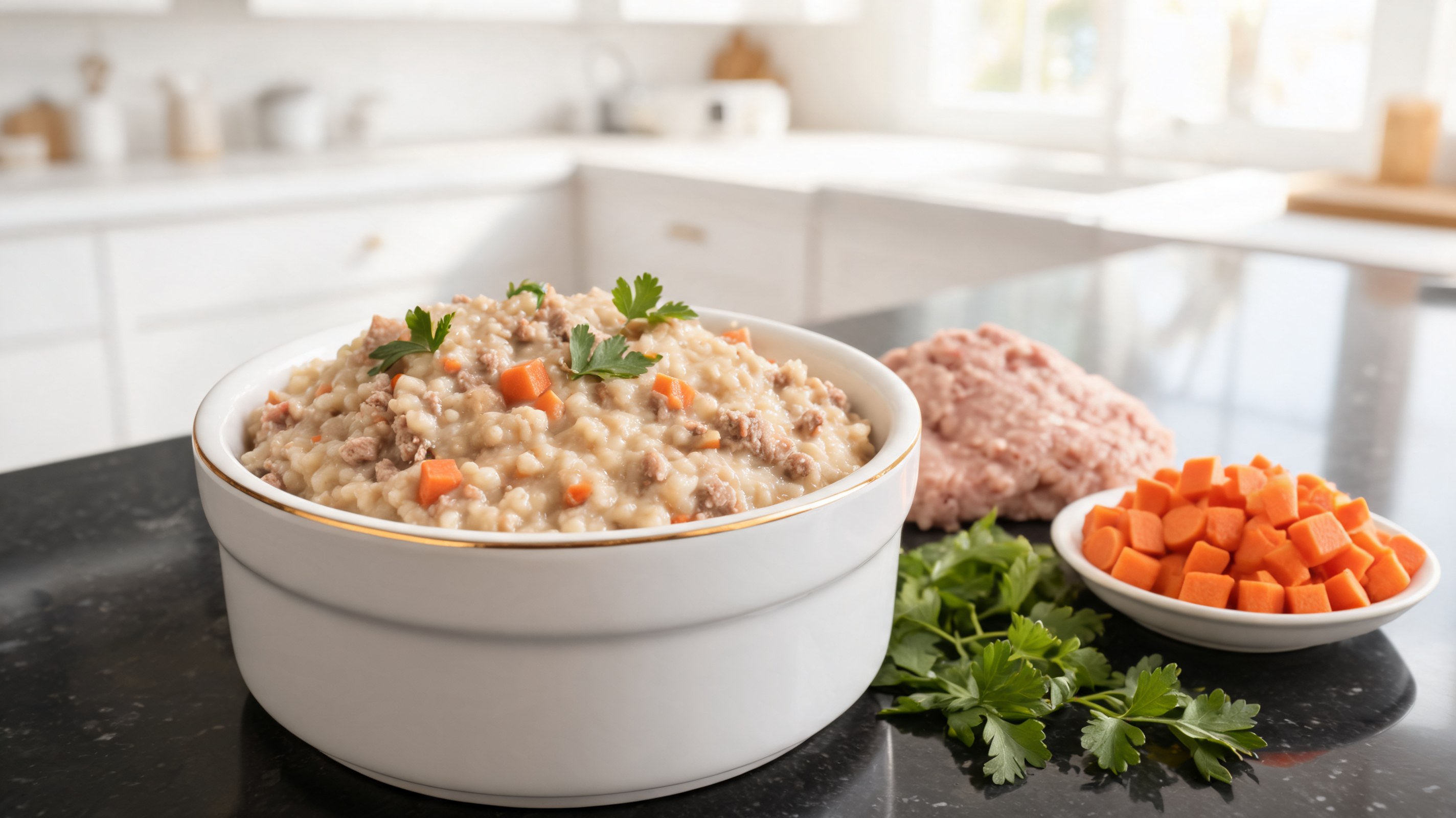 Risotto cremoso al tacchino e carote a cubetti in ciotola di ceramica chiara con prezzemolo fresco