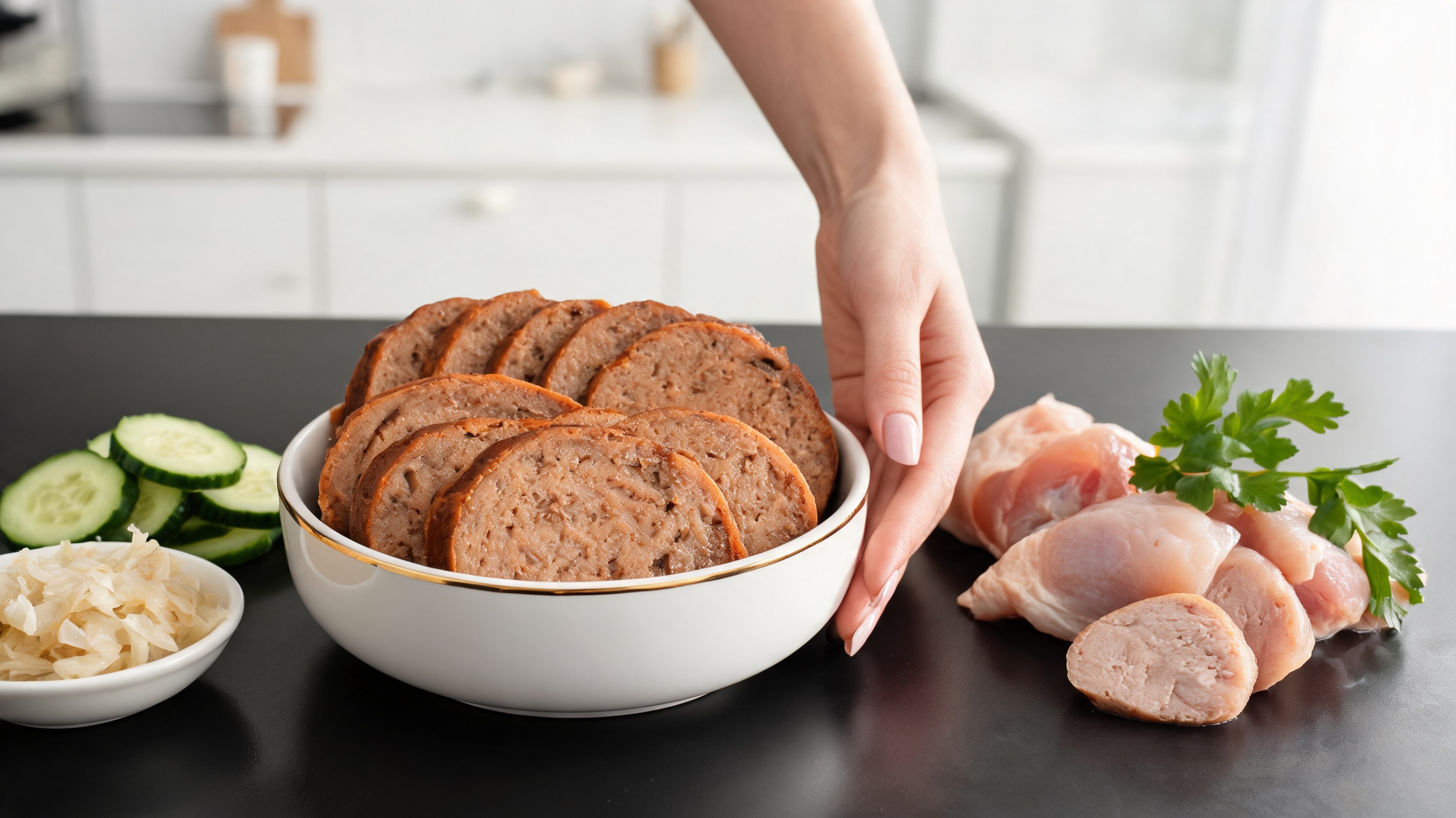 Sliced oven-baked turkey sausage for dogs with cucumber slices as a side