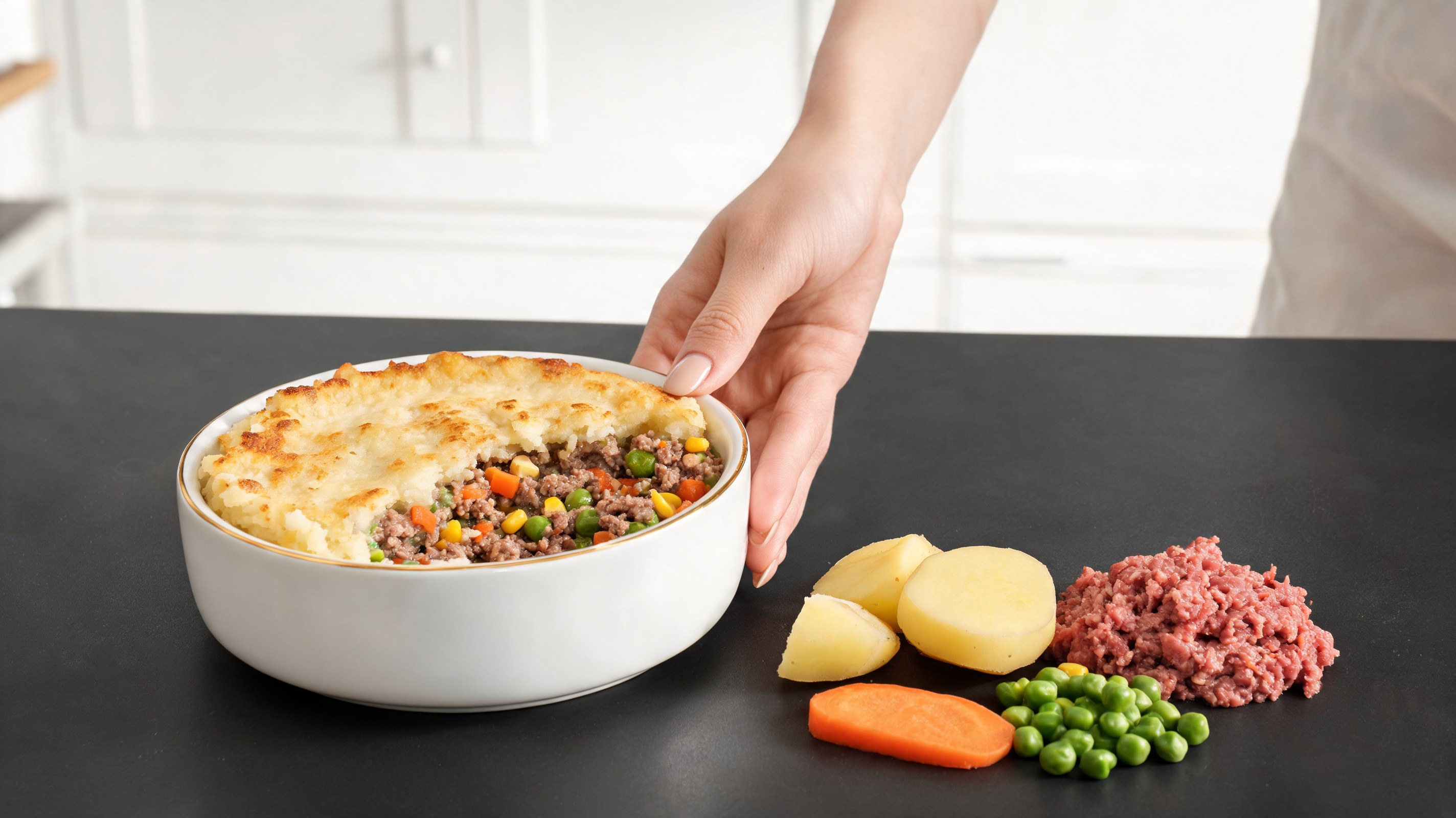 Shepherd's pie per cani in una pirofila, con strato di purè di patate dorato sopra il composto di manzo e verdure