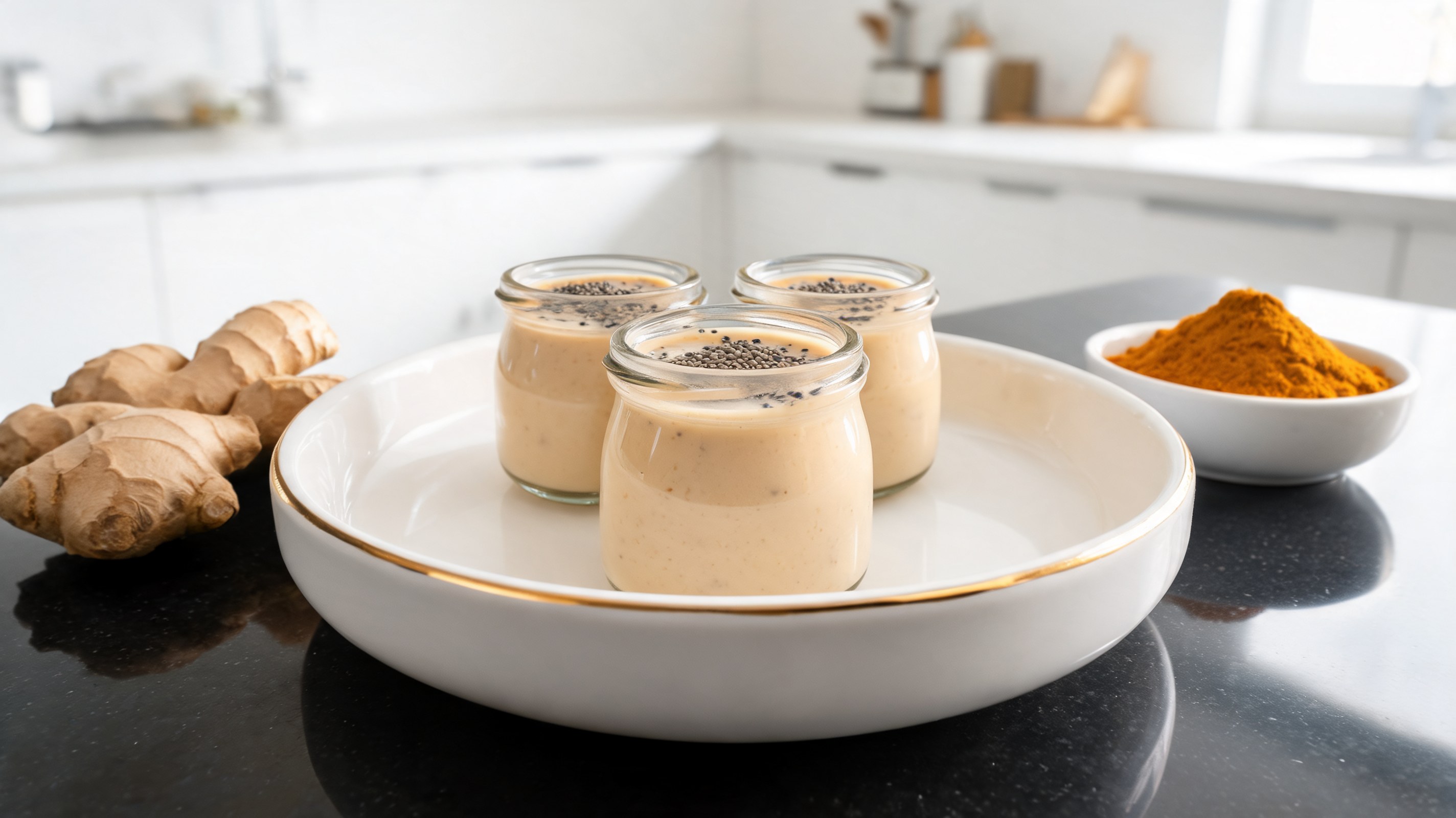 Piccoli shot benessere color crema con kefir e zucca per cani in vasetti di vetro