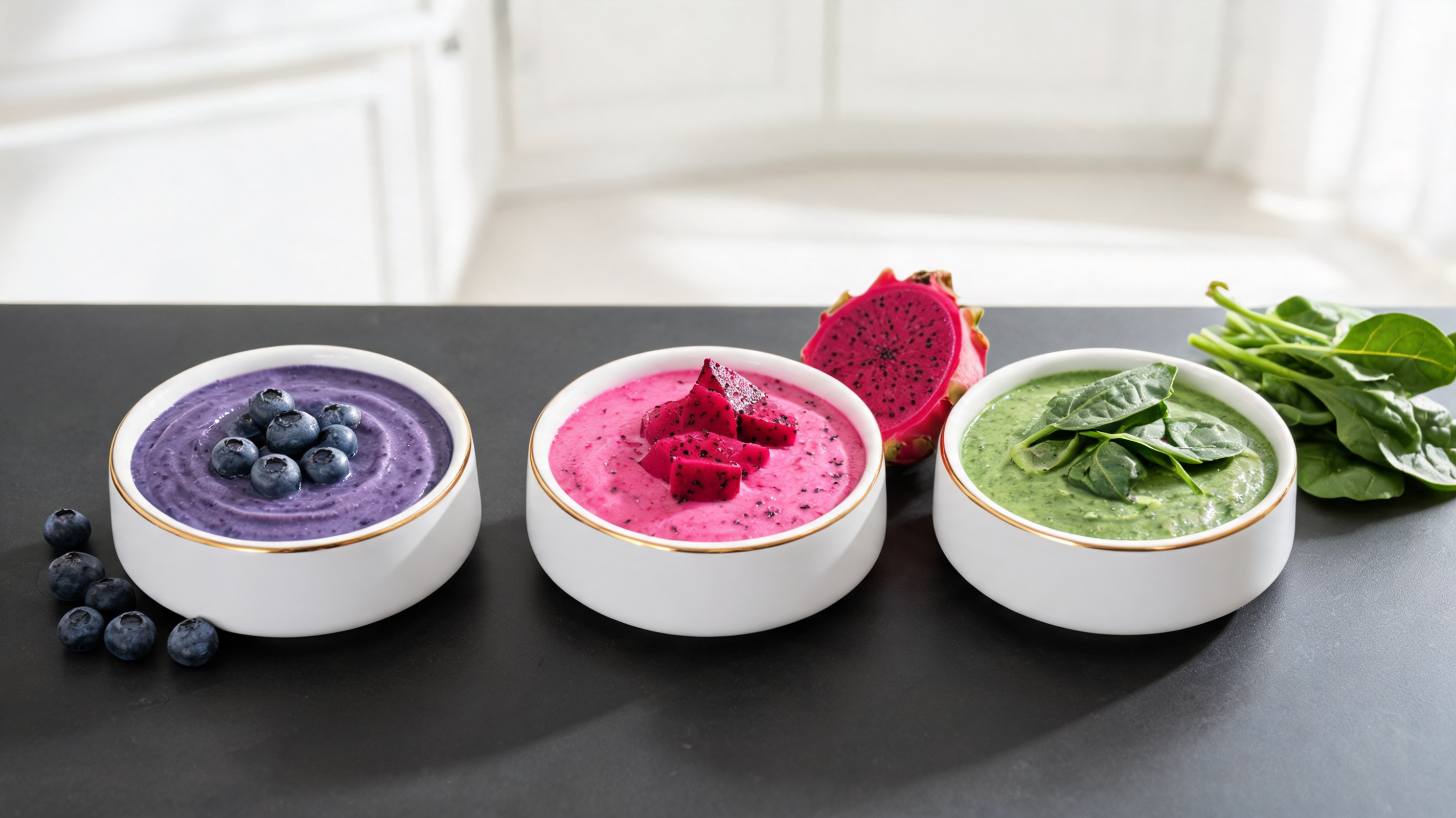 Três smoothies coloridos para cães em pequenas tigelas: rosa, roxo e verde, com frutas frescas ao lado