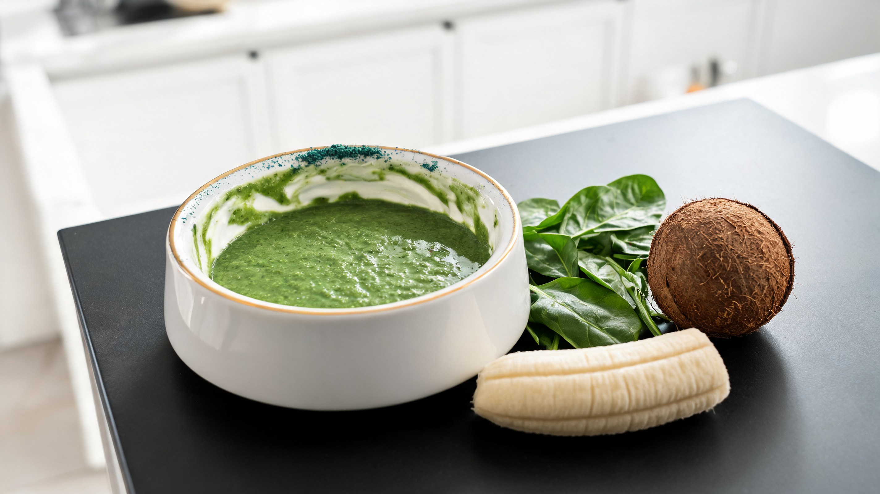 Green smoothie with spirulina for dogs in a cup decorated with kefir and fresh spinach beside