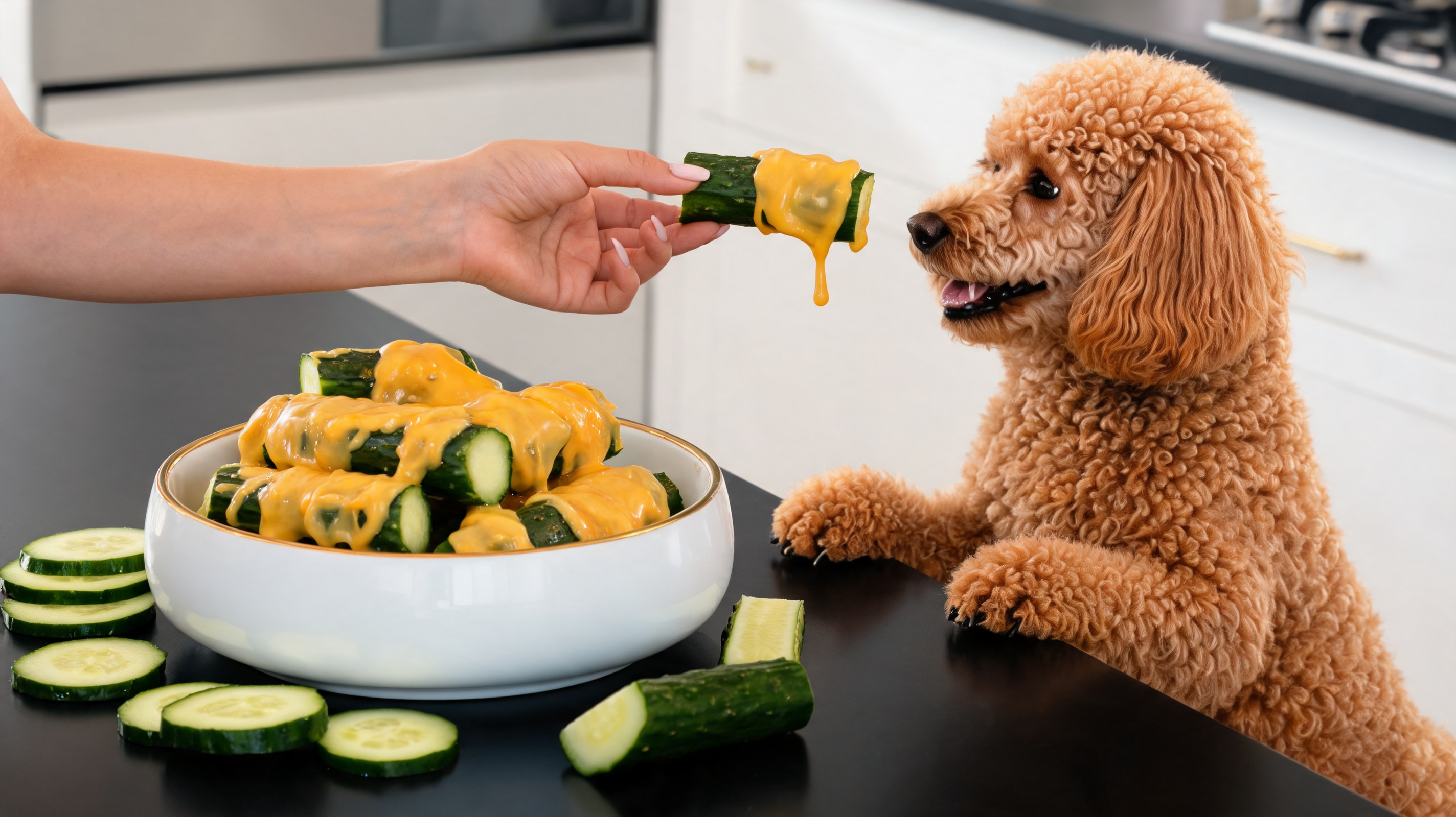 Grüne Gurkenstücke eingewickelt in goldenen geschmolzenen Cheddar für Hunde auf weißem Teller