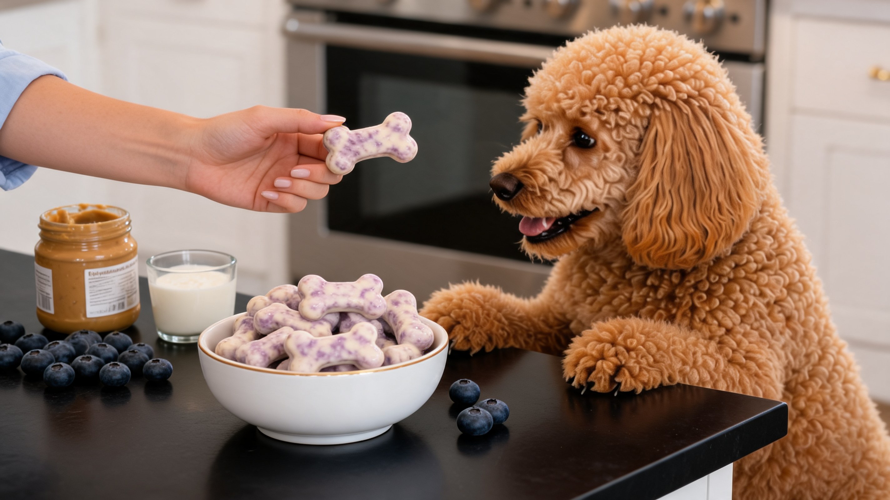 Frozen bone-shaped blueberry and peanut butter dog treats with fresh fruits beside