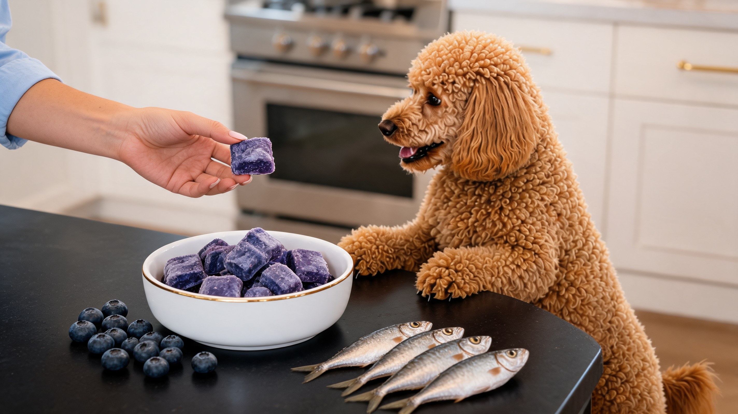 Snack ghiacciati a forma di stampino con mirtilli e sardine per cani su piano scuro