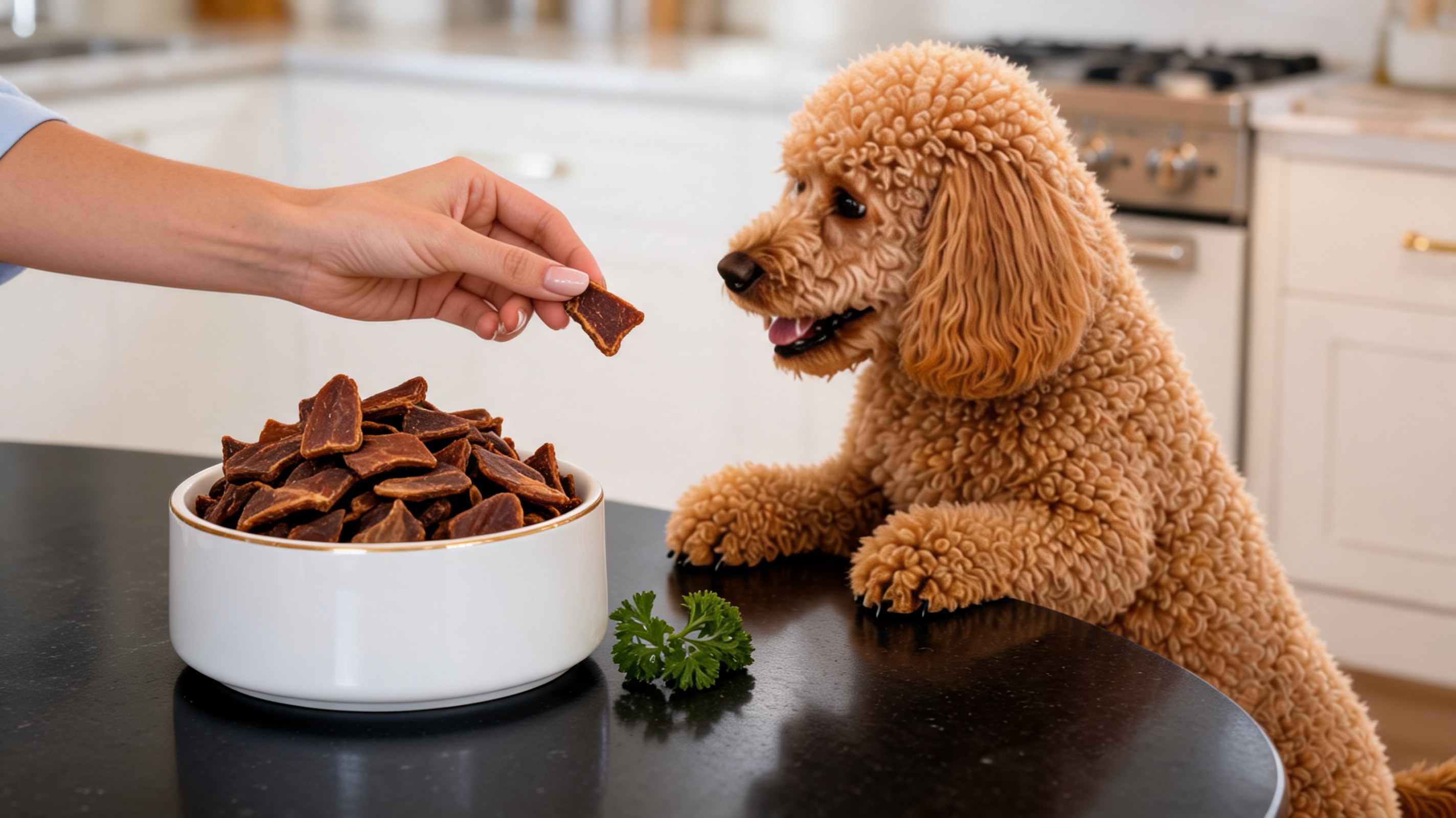 Petiscos crocantes de fígado de frango desidratado para cães em prato branco com folhas verdes