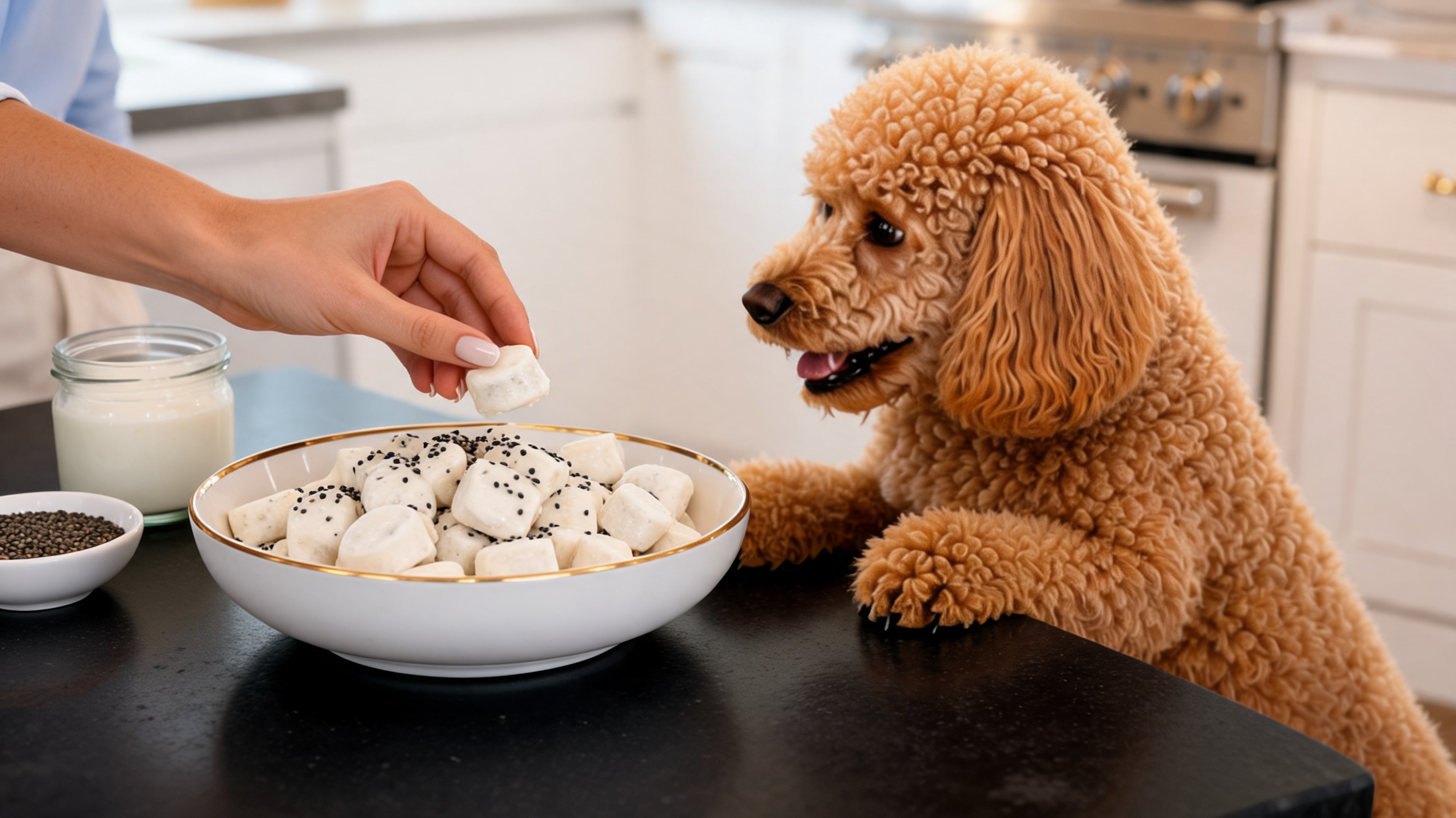 Gefrorene Snacks mit Kefir und Flohsamen für Hunde mit Verdauungsproblemen auf weißem Teller