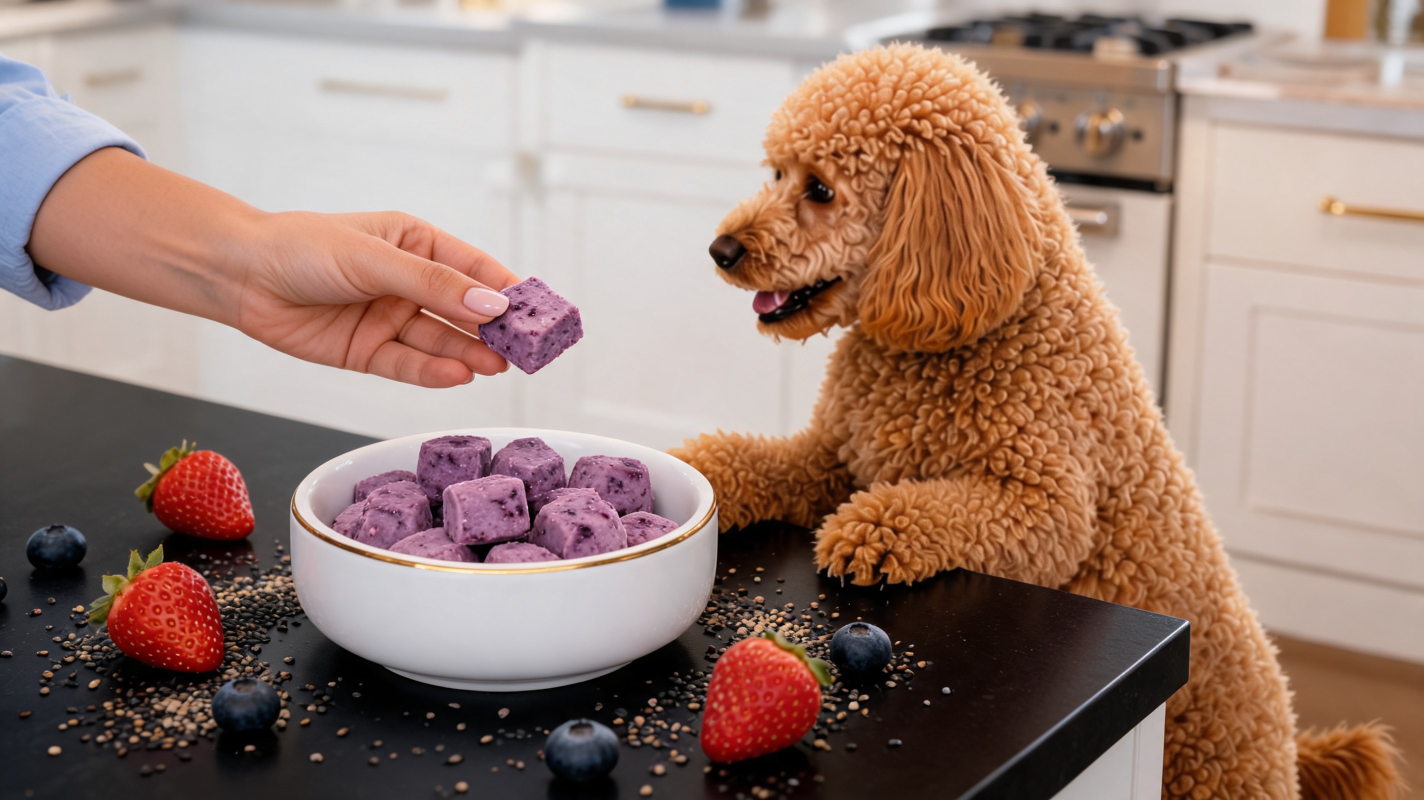 Runde, lila Snacks aus Äpfeln, Blaubeeren und Erdbeeren für Hunde mit frischen Früchten drumherum