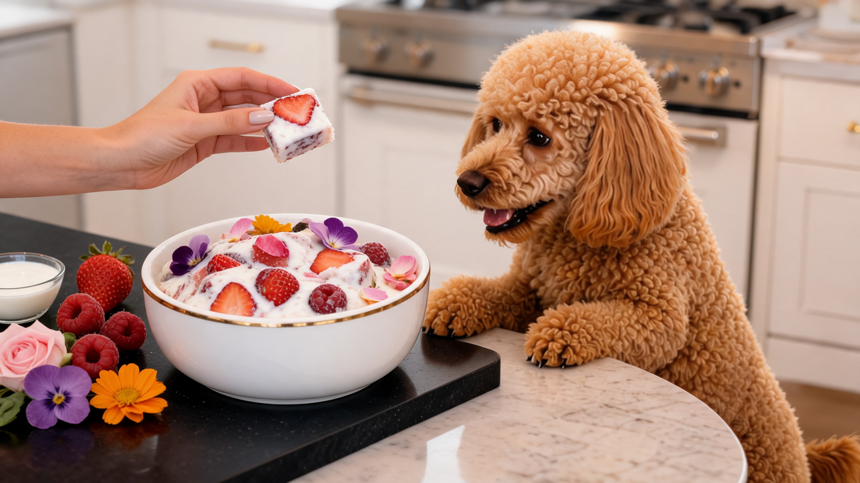 Snack ghiacciati primaverili con fiori e frutti di bosco per cani su vassoio chiaro vista dall'alto