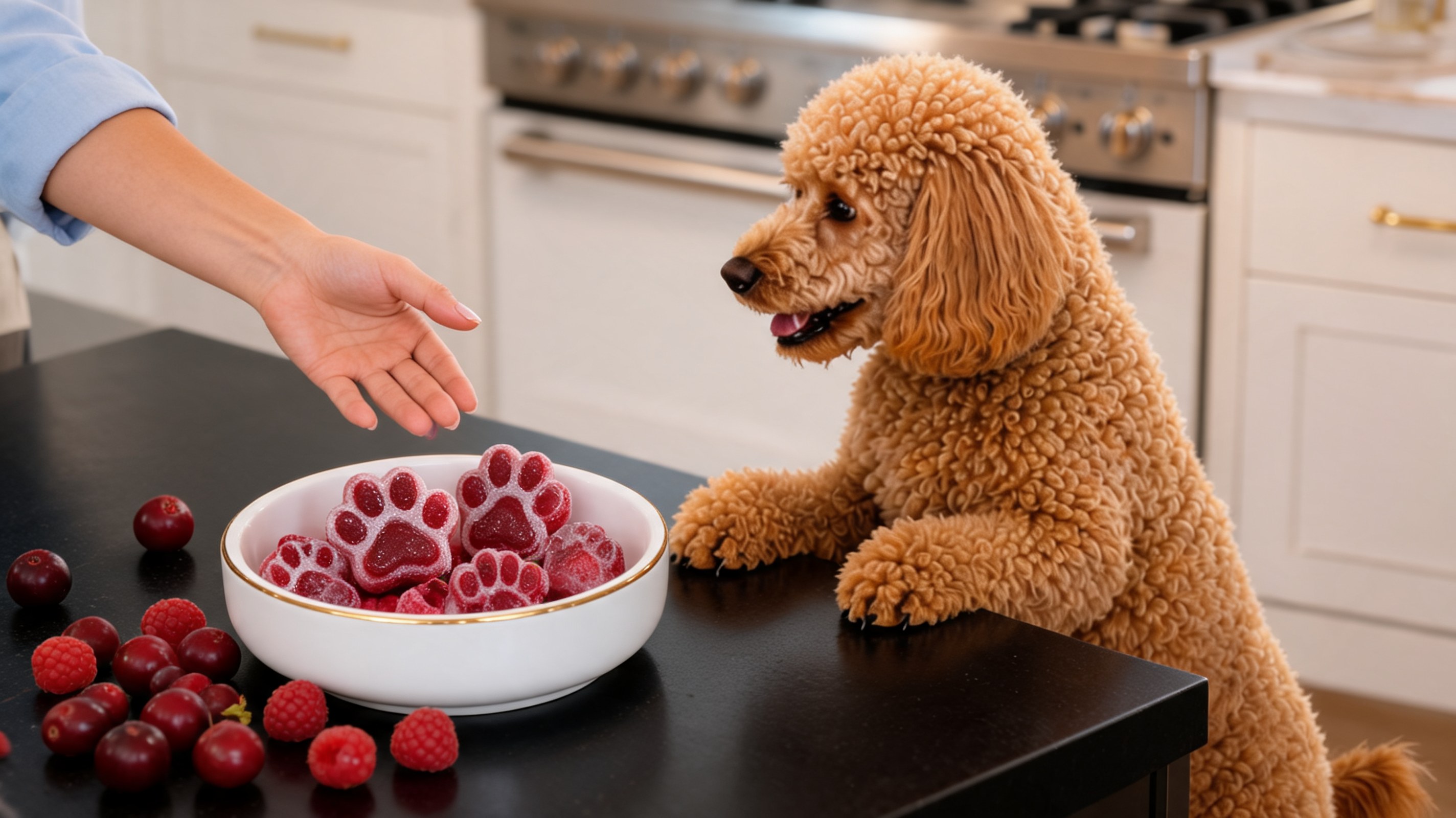 Snack ghiacciati a forma di zampa con mirtilli rossi e lamponi per cani su piano scuro