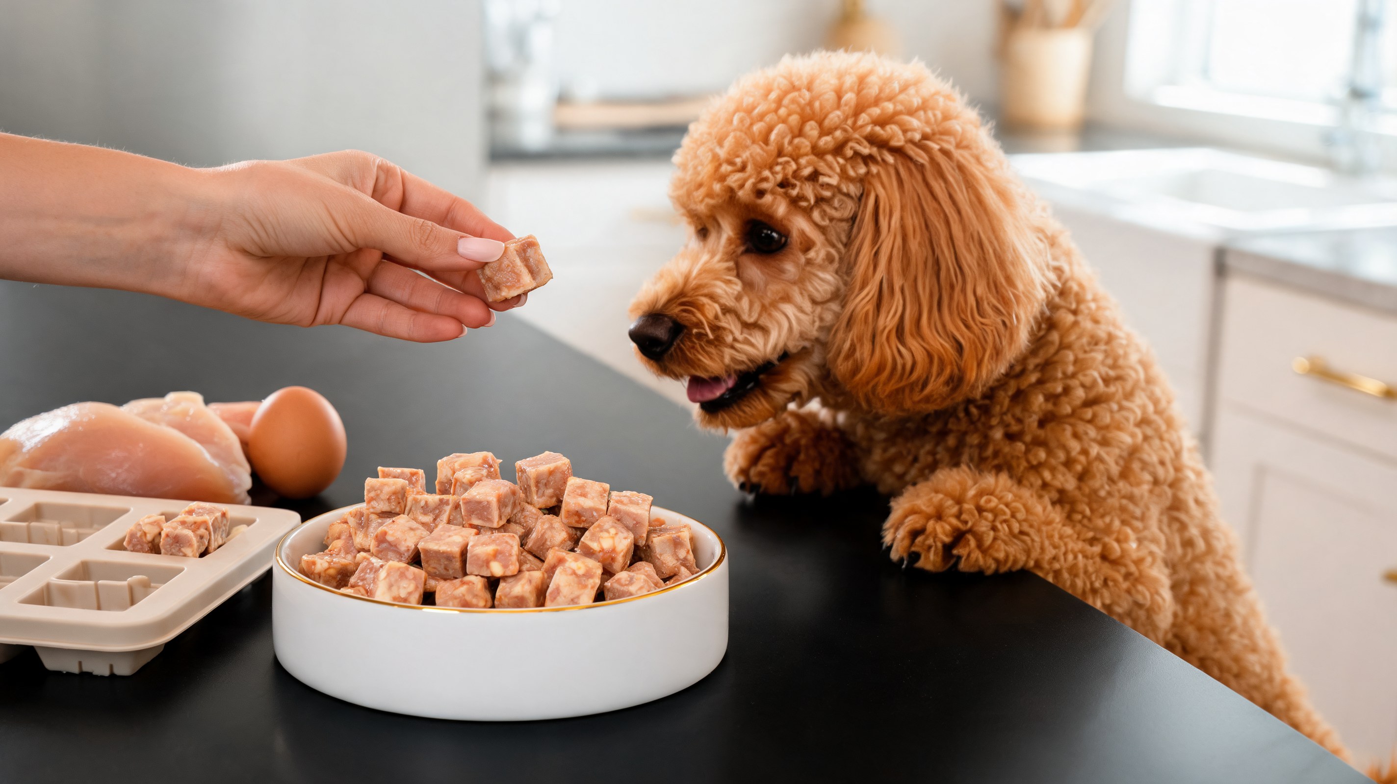 Tanti piccoli snack quadrati di pollo e uovo per cani appena sformati da uno stampo in silicone
