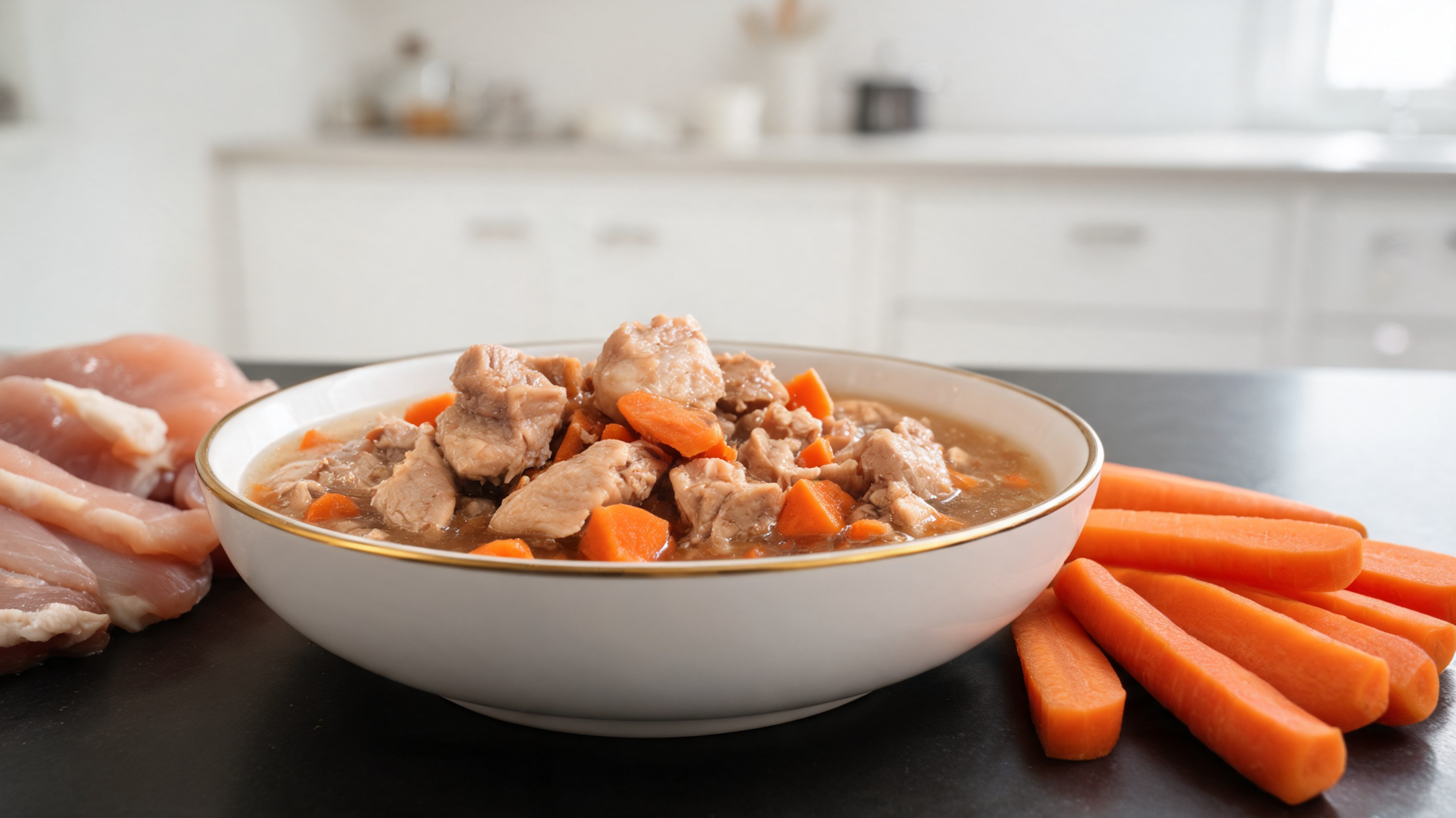 Bocconcini di tacchino con dadini di carota nel brodo, in una ciotola per gatti