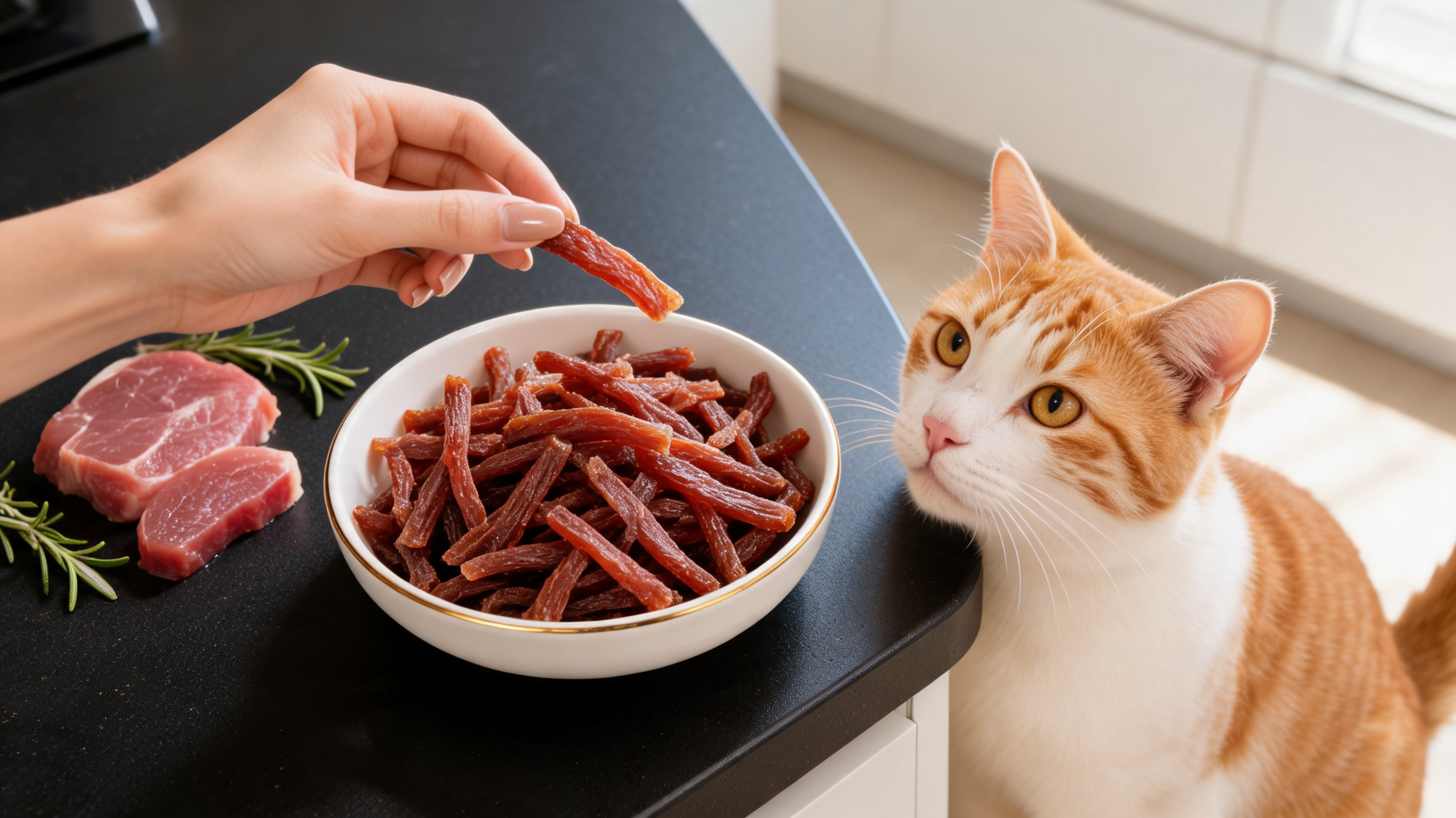 Straccetti sottili di manzo essiccato in una piccola ciotola, snack per gatti
