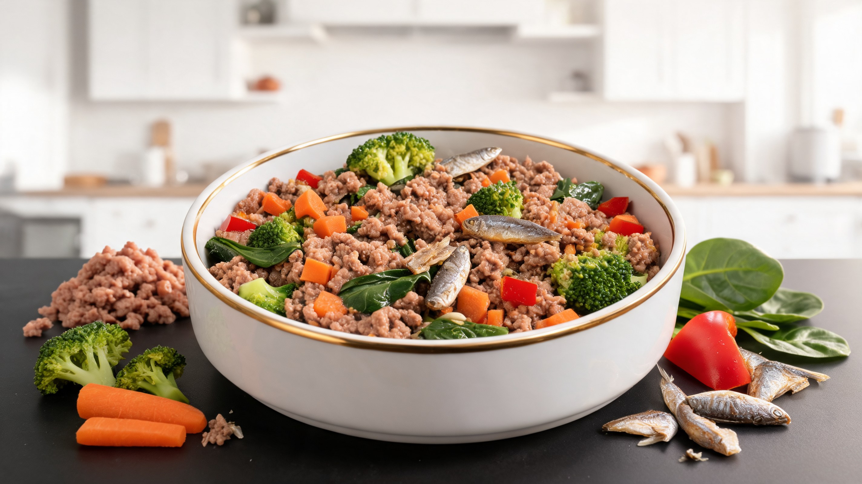 Stufato autunnale per cani con manzo, broccoli, carote, peperoni rossi e sardine in ciotola