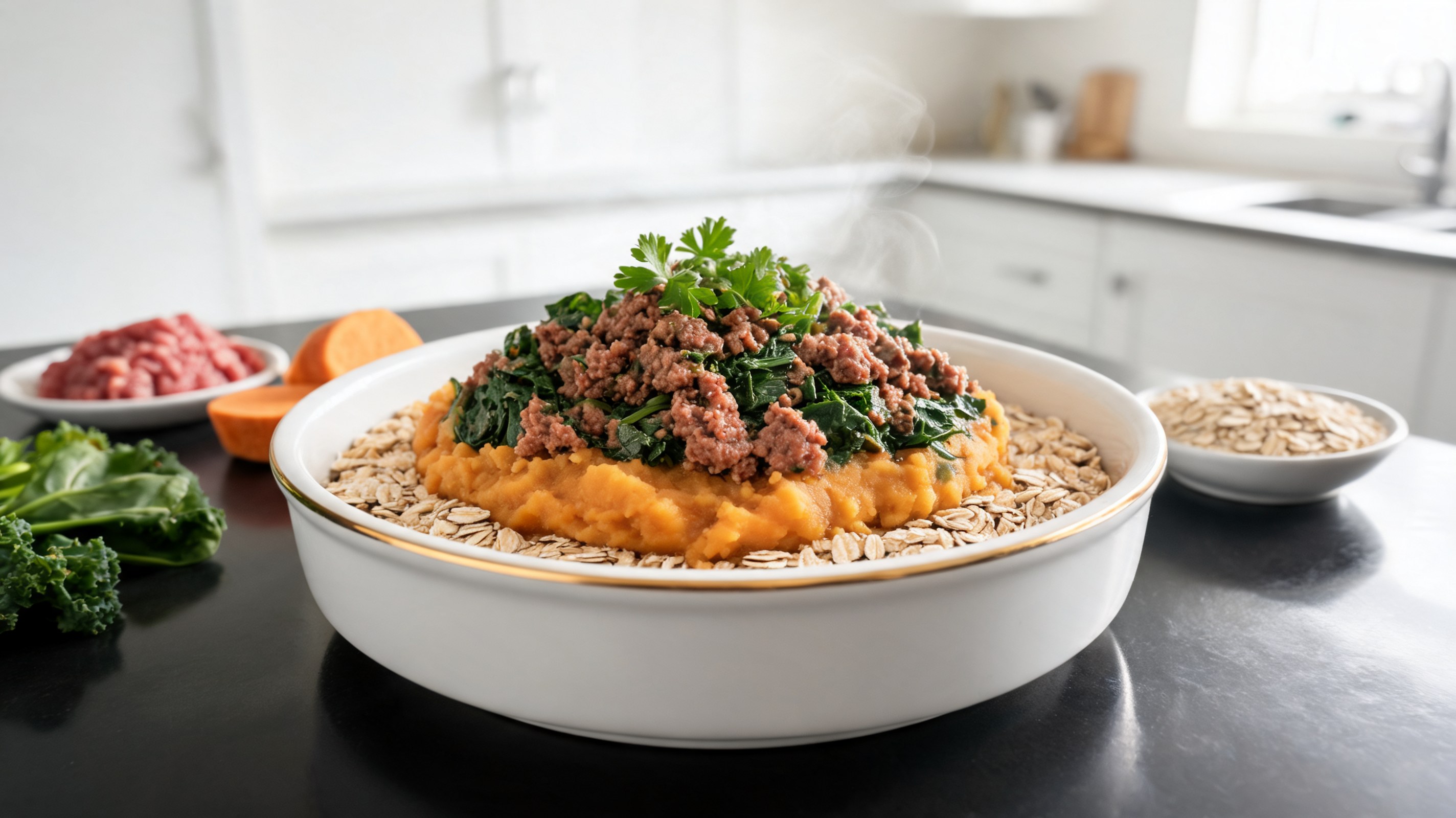 Stufato di manzo e patata dolce per cani con avena e verdure a foglia verde in pentola
