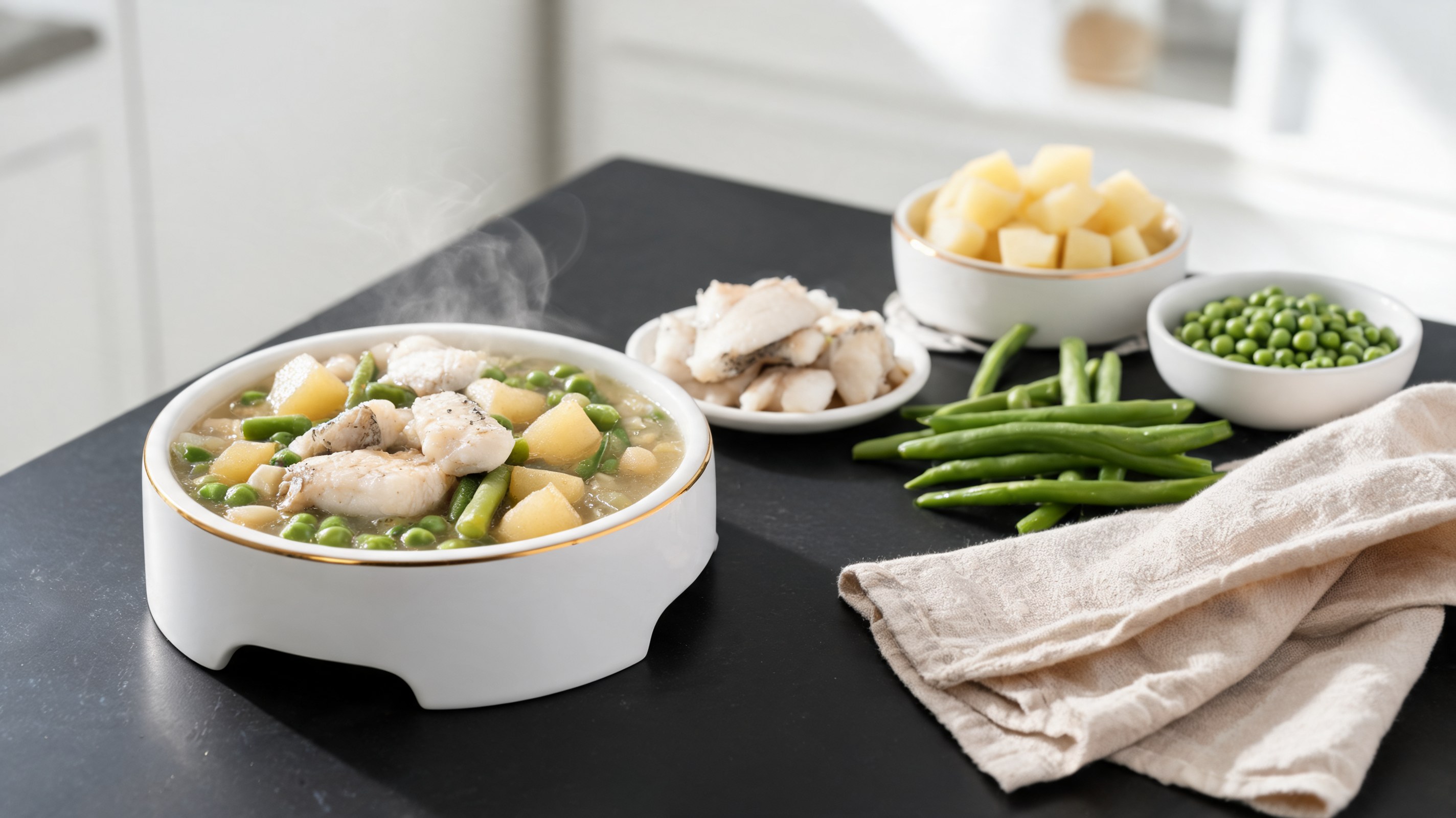 Stufato di merluzzo per cani con patate, fagiolini, piselli e olio in pentola di ghisa