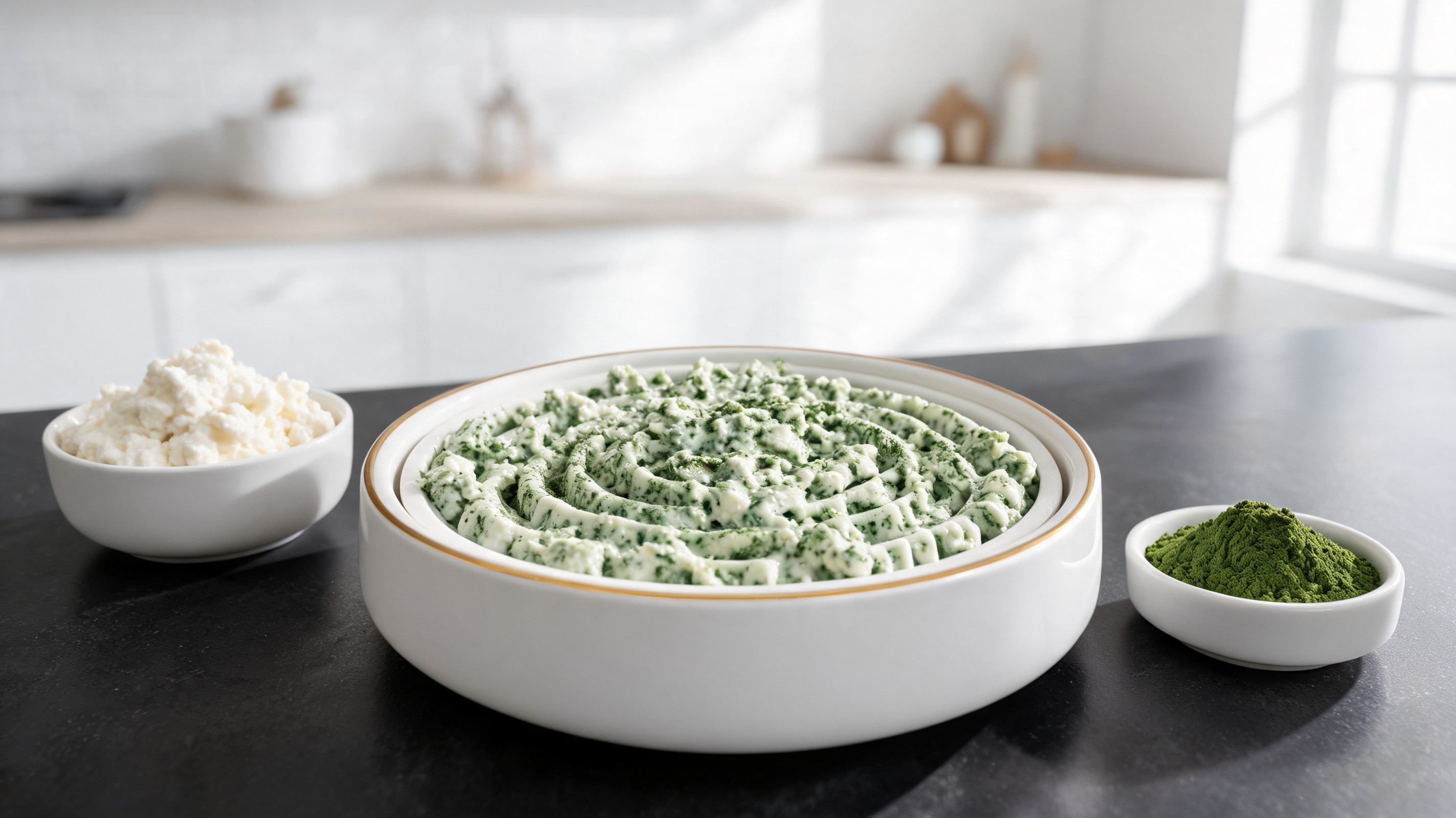 Garniture verte au fromage blanc et spiruline étalée sur un tapis leccaposto pour chiens