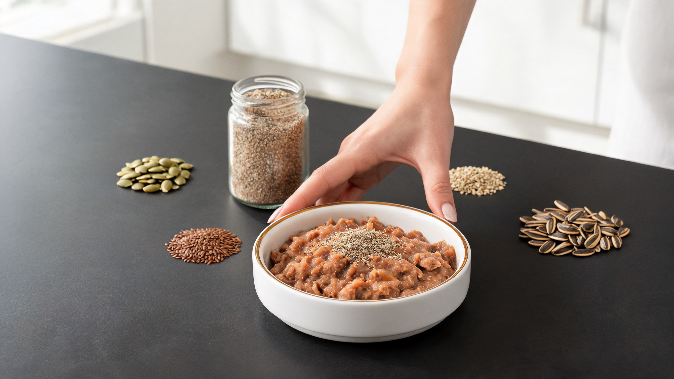 Glasbehälter mit gemahlenen Mischsamen als Superfood-Topping für Hunde auf einem Holztisch