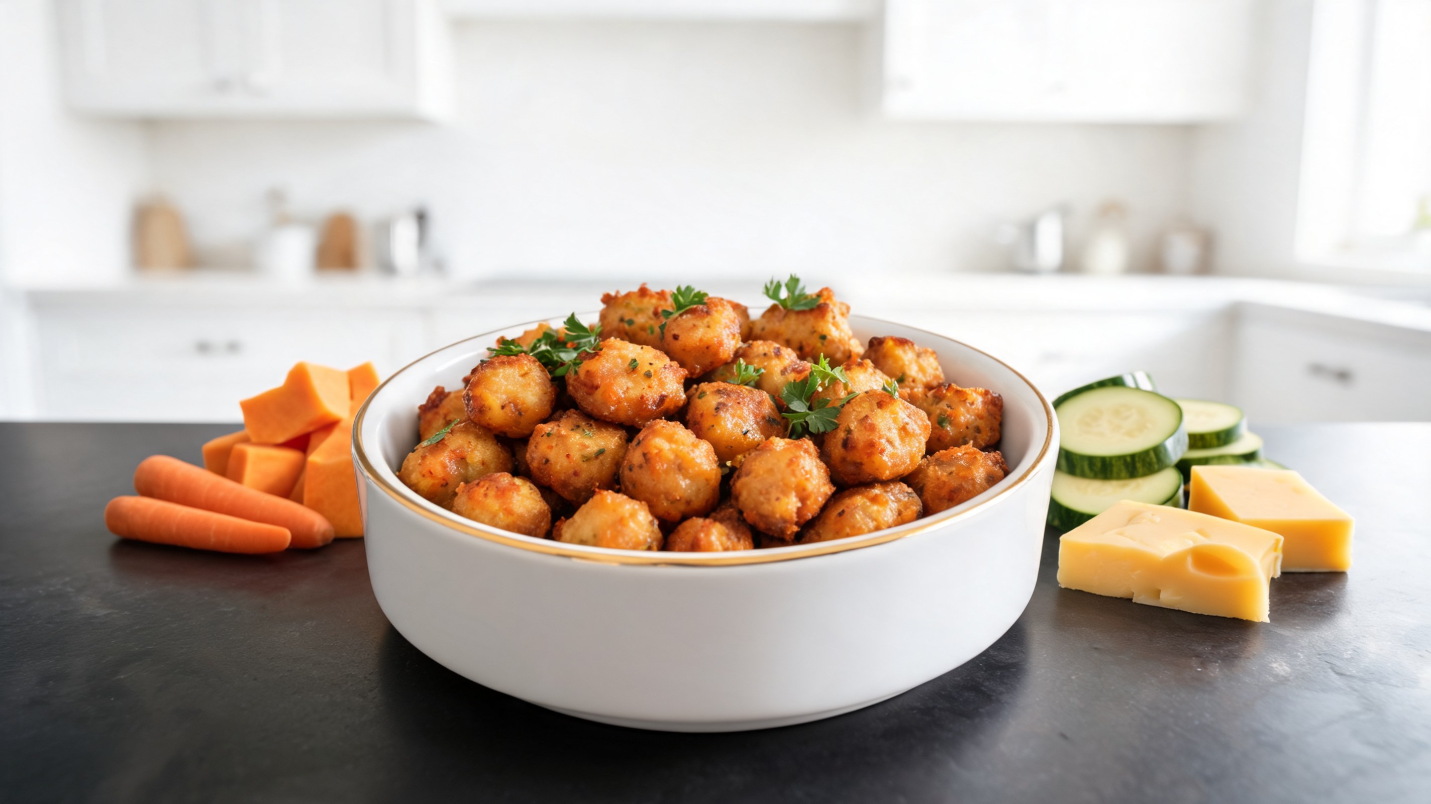 Tots dourados de batata doce, cenoura, abobrinha e cheddar para cães alinhados em uma assadeira