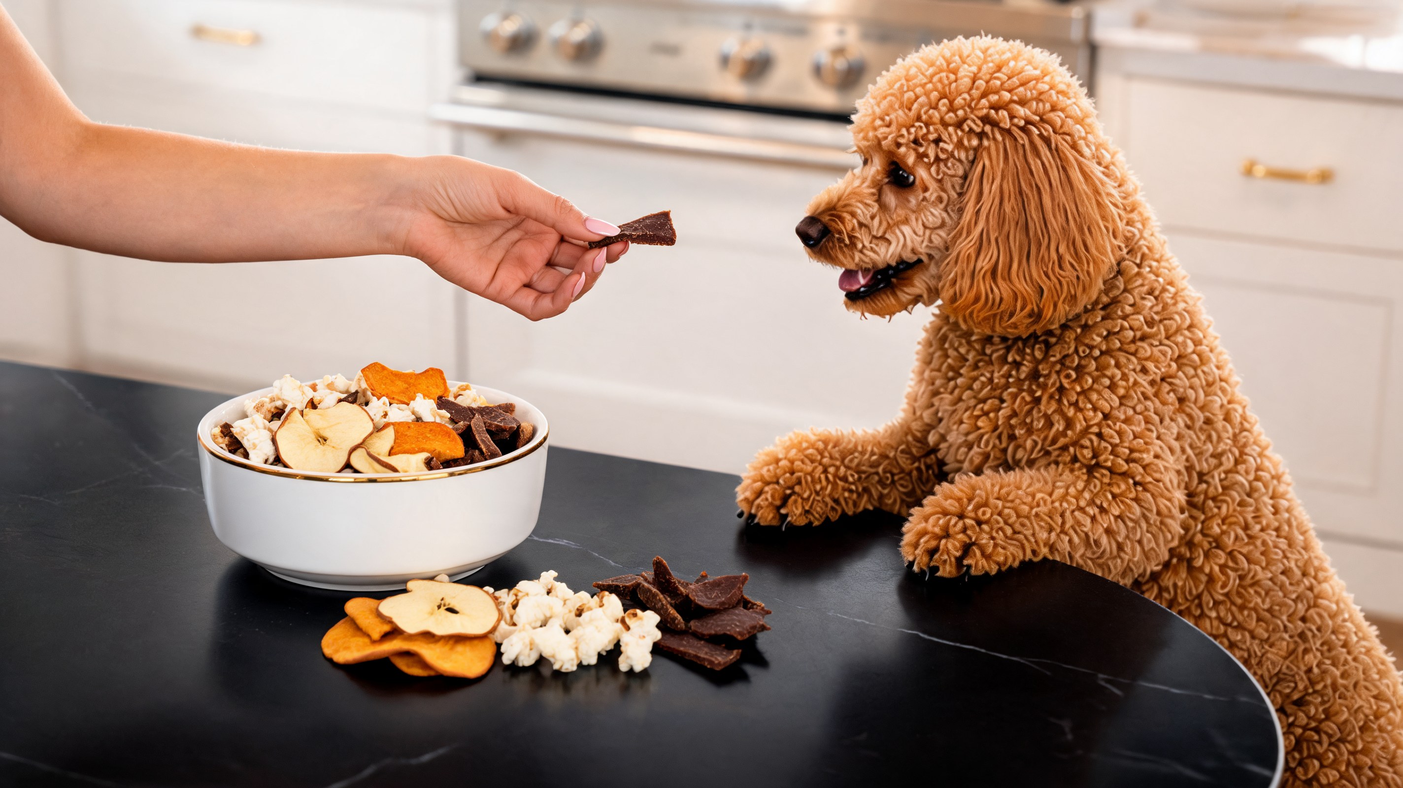Tarro de vidrio con mezcla de frutos secos para perros: batata deshidratada, manzana, palomitas y jerky de hígado
