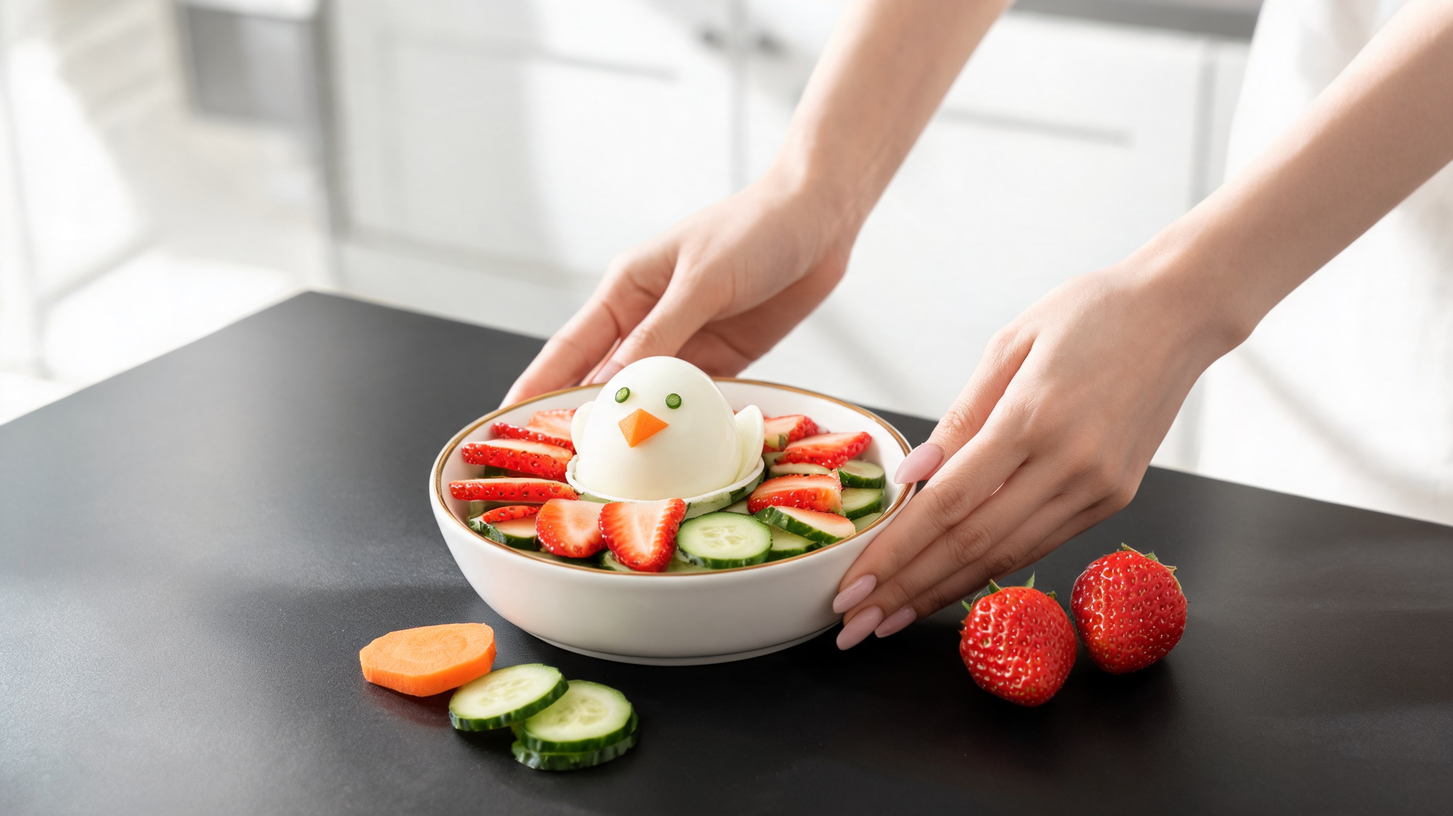 Snack pascal em forma de pintinho com ovo cozido, morangos e pepino para cães visto de cima