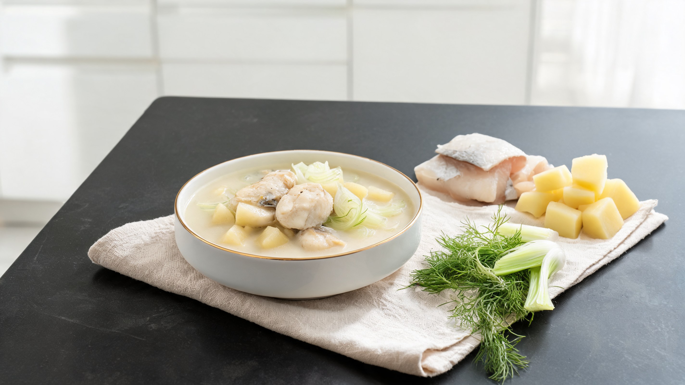 Vellutata cremosa chiara di merluzzo, patate e finocchio in ciotola di ceramica bianca