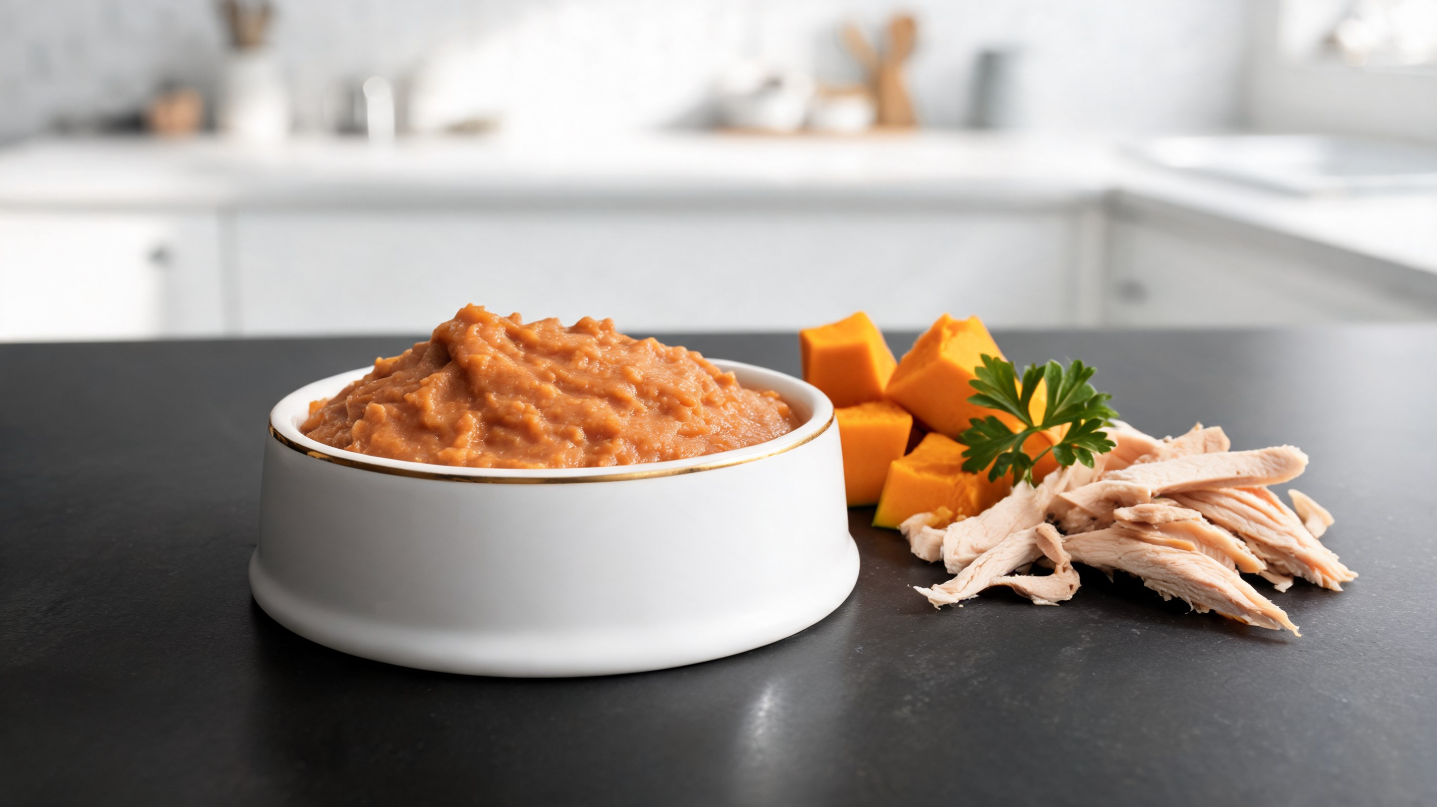 Ciotola bassa con crema vellutata arancione di tacchino e zucca per gatti anziani